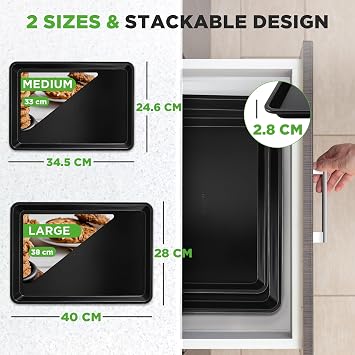Nutrichef Baking Pans Set - 2-Pack Non-Stick Cookie Sheet Bakeware, Durable Food-Grade Metal, Easy-to-Clean Oven Trays, Dishwasher Safe, Stain-Resistant, Fits Toaster & Convection Ovens (Black)