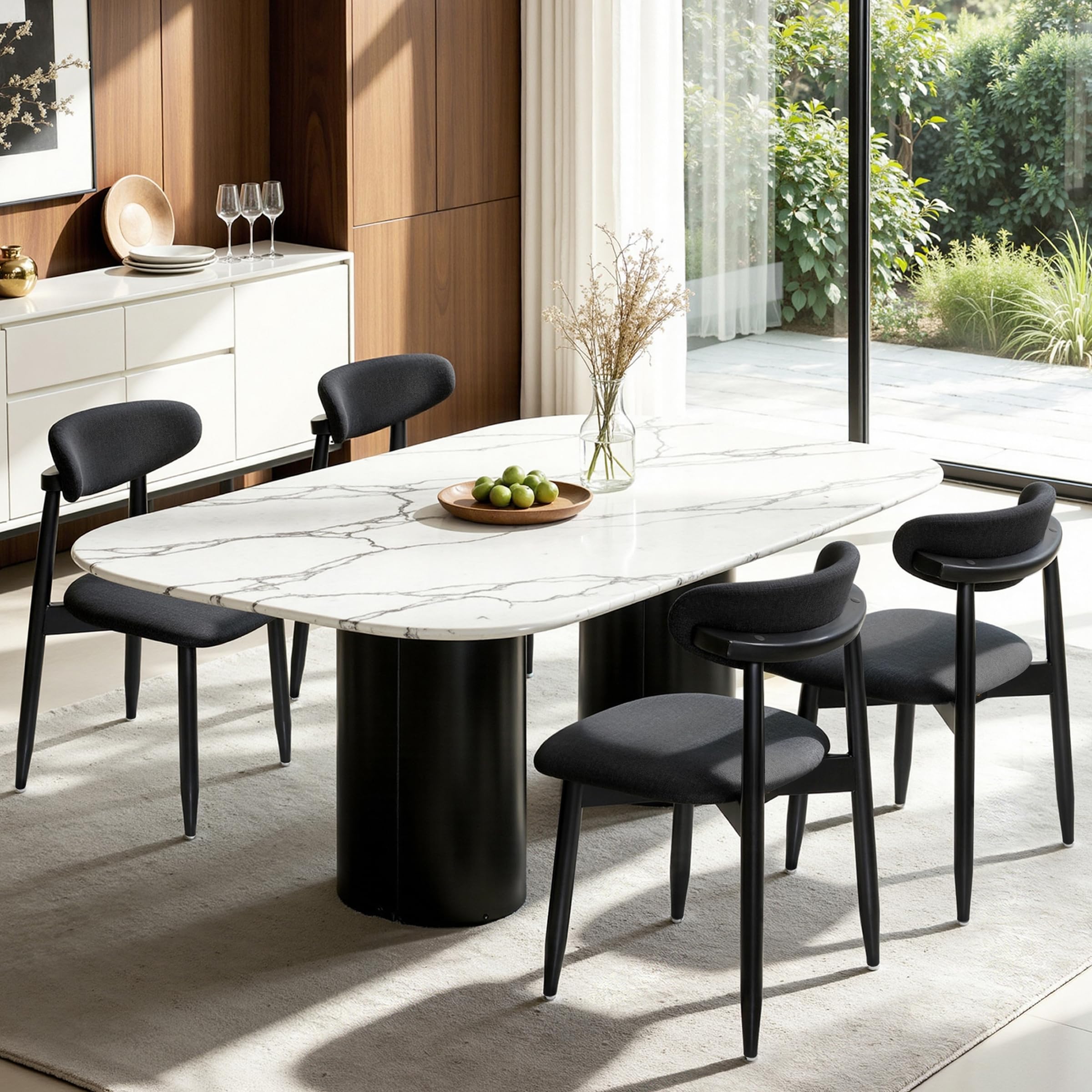 CHUN YI Dining Chairs Set of 4, Upholstered Solid Wood Dining Room Chairs, Mid Century Modern Fabric Kitchen Chairs with Ergonomic Curved Back, Black (Only Chairs)