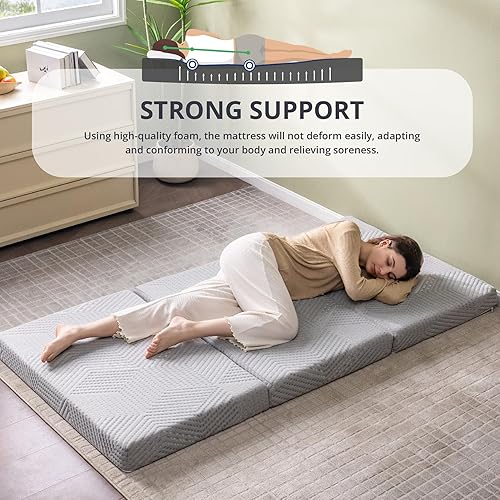 Miniatura 5 de Colchón plegable, colchón triple plegable de espuma viscoelástica de 4 pulgadas para cama de invitados de campamento, funda lavable y parte inferior