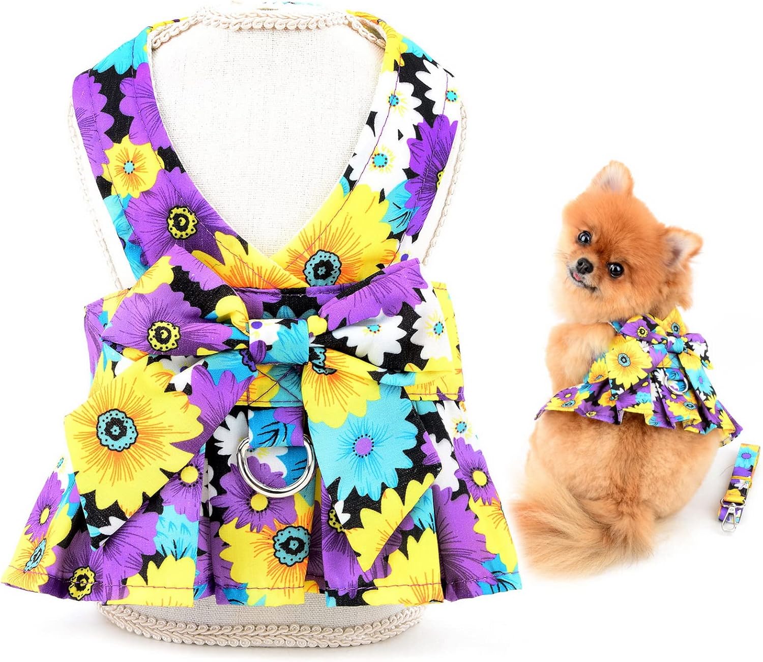 Smalllee Lucky Store ペット服 犬 服 春 夏 花柄お姫様ワンピース蝶結び付き洋服型ハーネスりーど 可愛い猫服 涼しい超小型犬小型犬 子犬はーねす おしゃれ 女の子 ドッグウェア犬の服軽量 簡単着脱 通気性 咳込み防止虫を防ぐチワワ服お散歩お出かけ パープル S 最大64