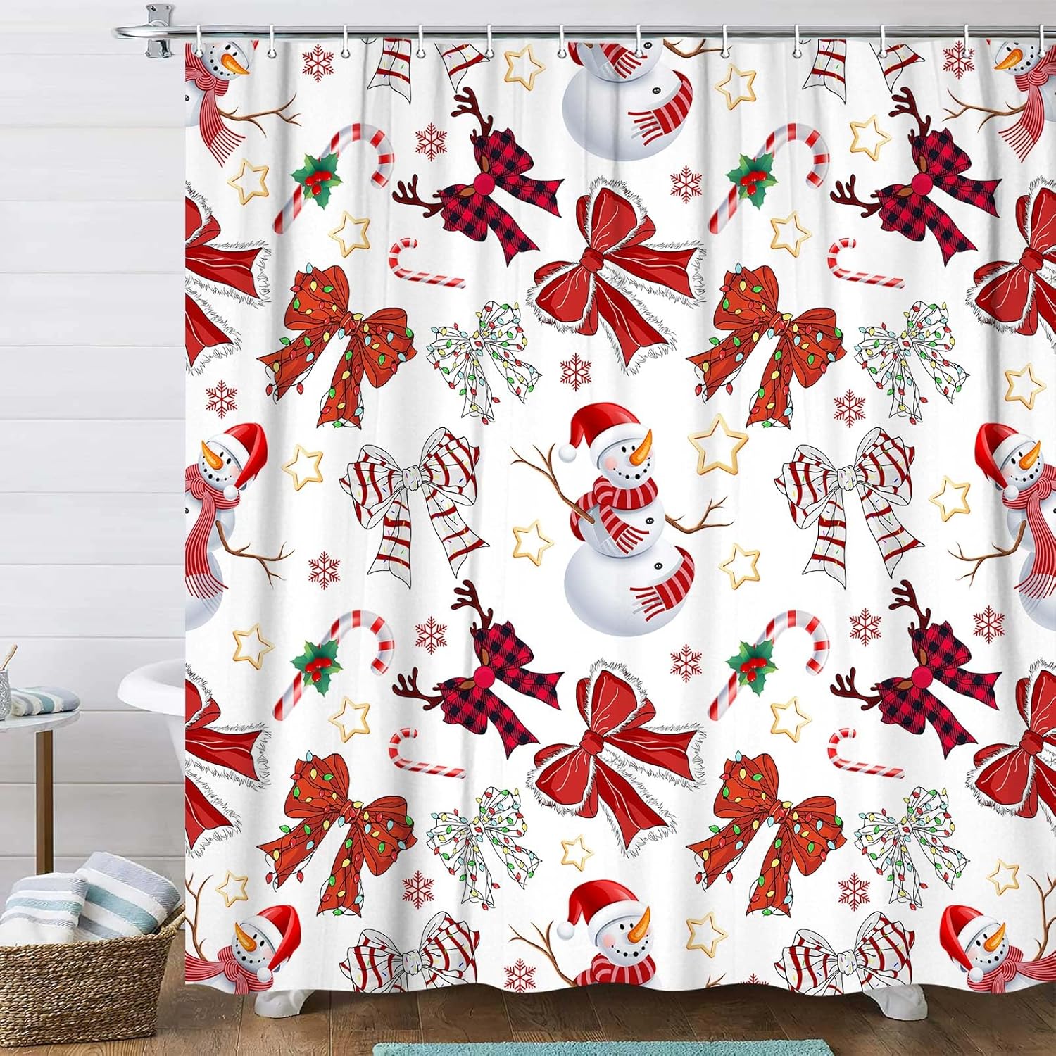 JAWO Christmas Shower Curtain for Bathroom, Red Xmas Snowman Snowflake Bows Shower Curtains, Waterproof Polyester Christmas Winter Bath Curtain Decor with Hooks,72X75