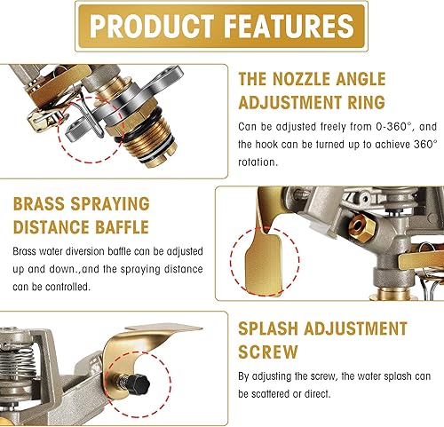 Miniatura 5 de Cabezal de aspersor de impacto de latón, rociador pulsante para jardín, ajustable, 360 grados, cabezal de rociador resistente con boquillas para