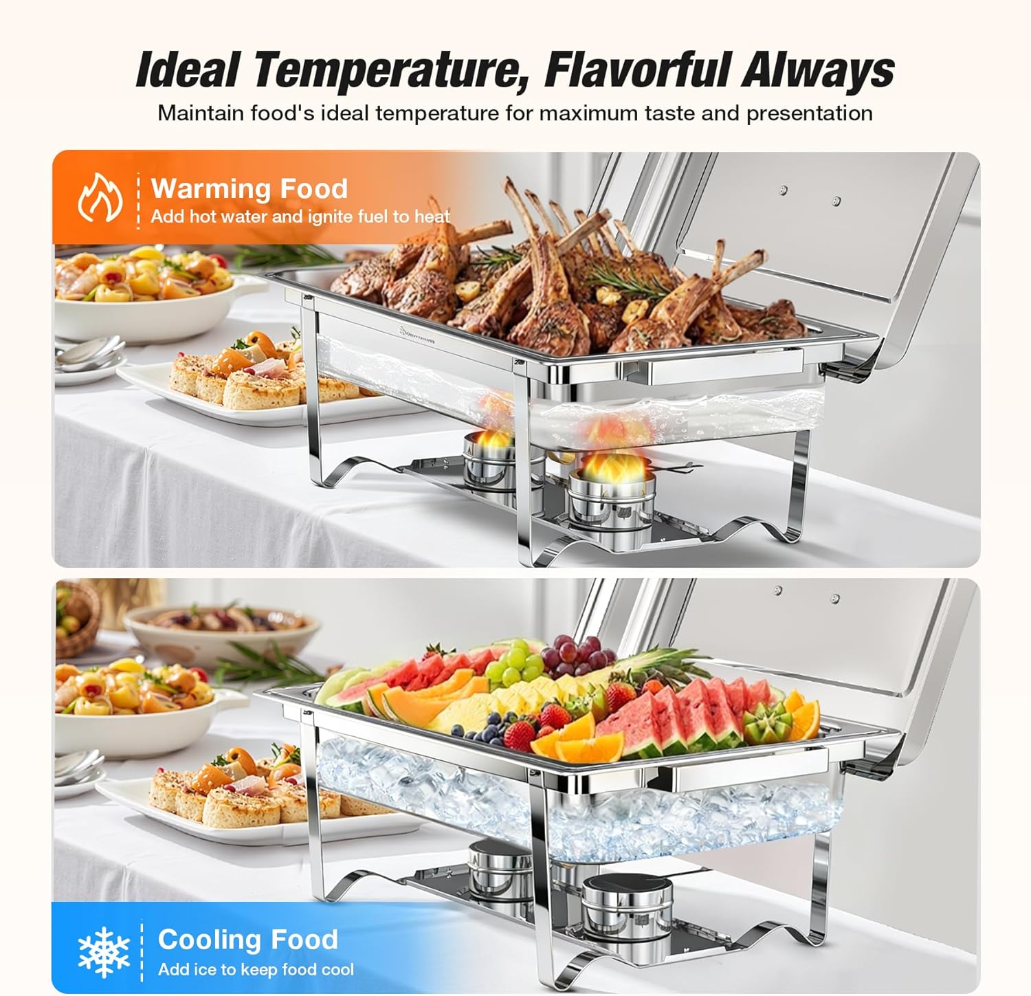 WARMOUNTS Chafing Dishes for Buffet with Full Size Pan 4 Pack, Stackable Stainless Steel Chafing Dish Buffet Set Food Warmer for Catering, Parties, Weddings, Rolled Rim Process (Silver, 11QT)