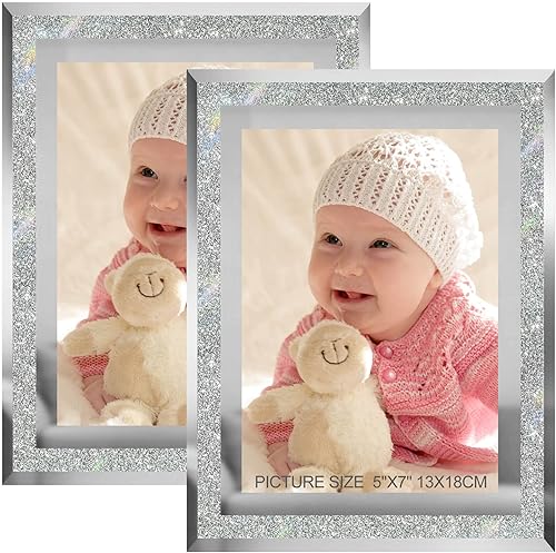 Portarretratos plateados de 5 x 7 pulgadas, juego de 2, marco de fotos de vidrio real brillante de 5 x 7 pulgadas, borde espejo, gran regalo, para