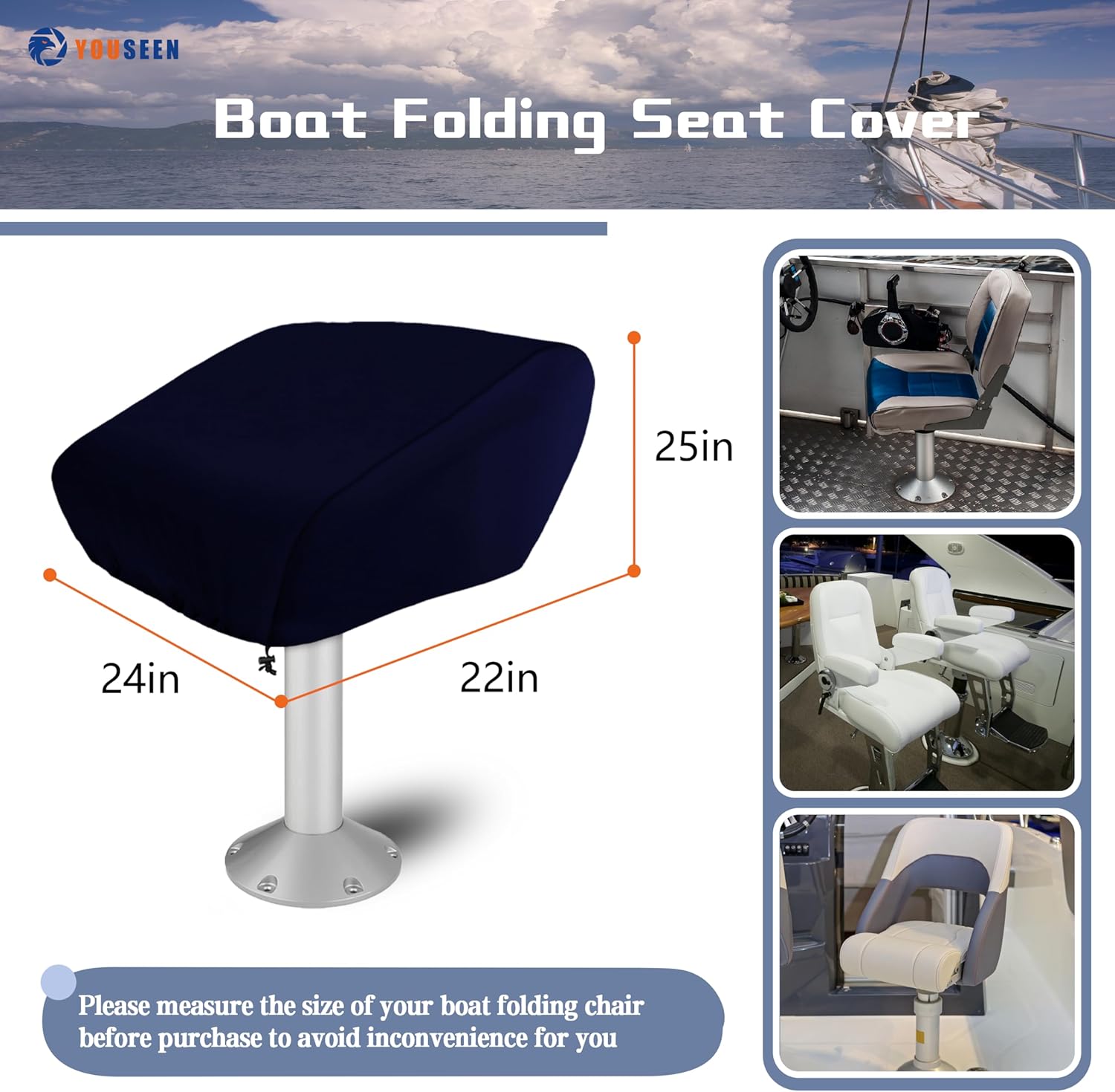Marine Grade Boat Folding Chair Cover(2 Pack),HUV Resistant Chair Covers for Yacht, Fishing Boat & Kayak (Navy Blue, 24" L x 22" W x 25")