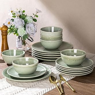 AmorArc Ceramic Dinnerware Sets for 6, 18 Pieces Handpainted Plates and Bowls Set, Scratch Resistant Stoneware Dishes Set, Dishwasher & Microwave Safe, Olive Green