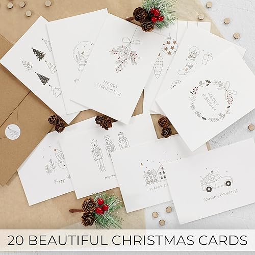 Miniatura 7 de ZICOTO Hermoso juego de 20 tarjetas de Navidad de garabato, incluye sobres a granel, calcomanías a juego y caja de almacenamiento, perfecto para