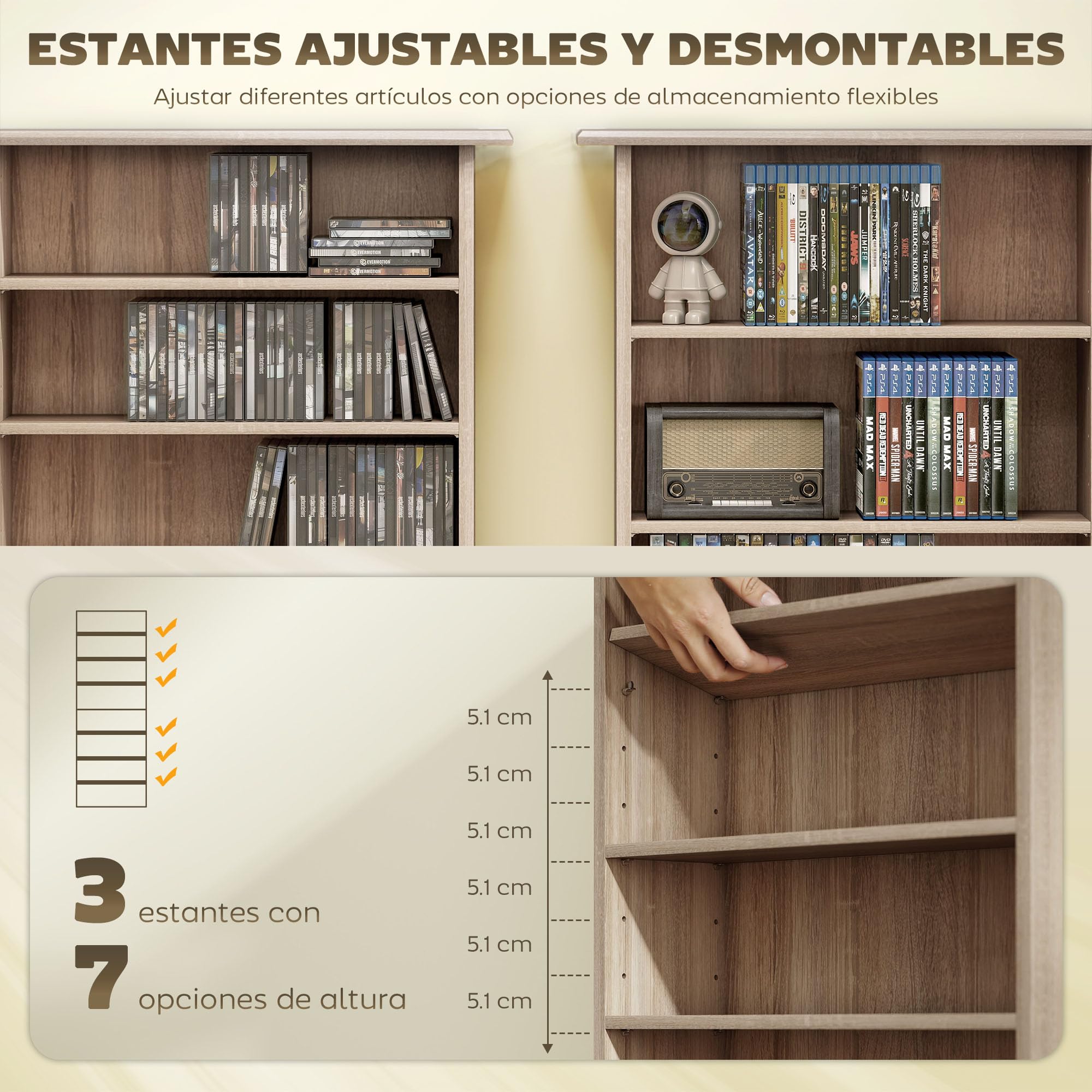 HOMCOM Scaffale per CD e DVD Scaffale stretto per CD con 8 scomparti regolabili per il soggiorno e l'ufficio 58x24x126,3 cm Legno naturale