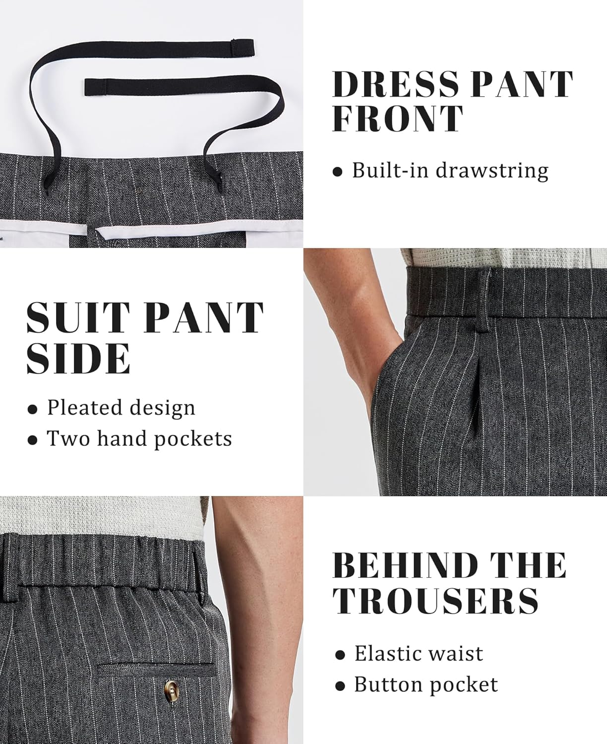 Susclude Mens Pinstripe Casual Dress Pants Old Money Wide Leg Baggy Pleated Slacks Elastic Wasist Loose Fit Work Trousers