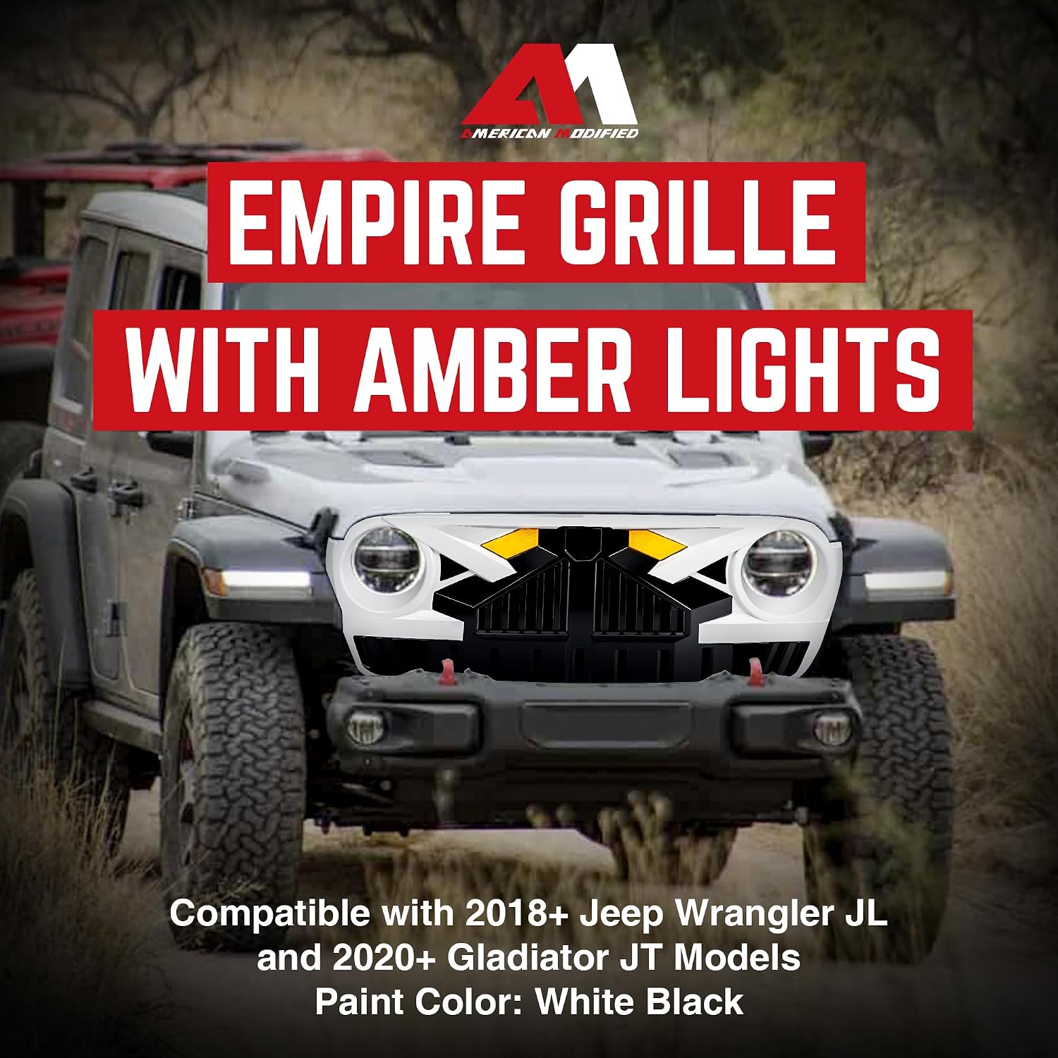 AMERICAN MODIFIED Grille Compatible w/ 2018+ Wrangler JL & 2020+ Gladiator JT w/Camera, Empire, White/Black