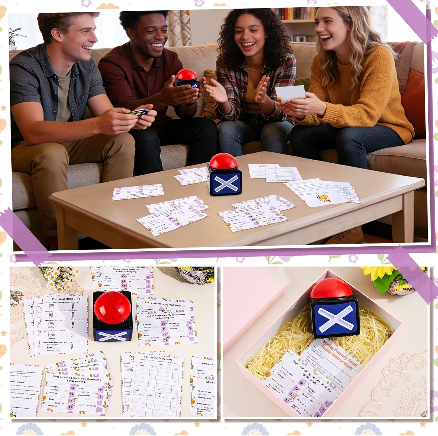 Spring Friendly Feud Game with 2 Answer Buzzers, Fun Family Spring Party Games for Adults Teens Feud Card Trivia Quiz Activities for Holiday Party Family Office Group Team Building