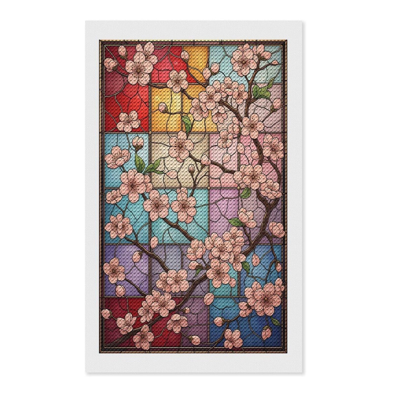 Junmoney Stained Glass Light Cherry Blossom Diamond Art Canvas 12"x20", Decorate Your Room, Mindful Craft Activity, Cosy Home Accent, Thoughtful Handmade Gift