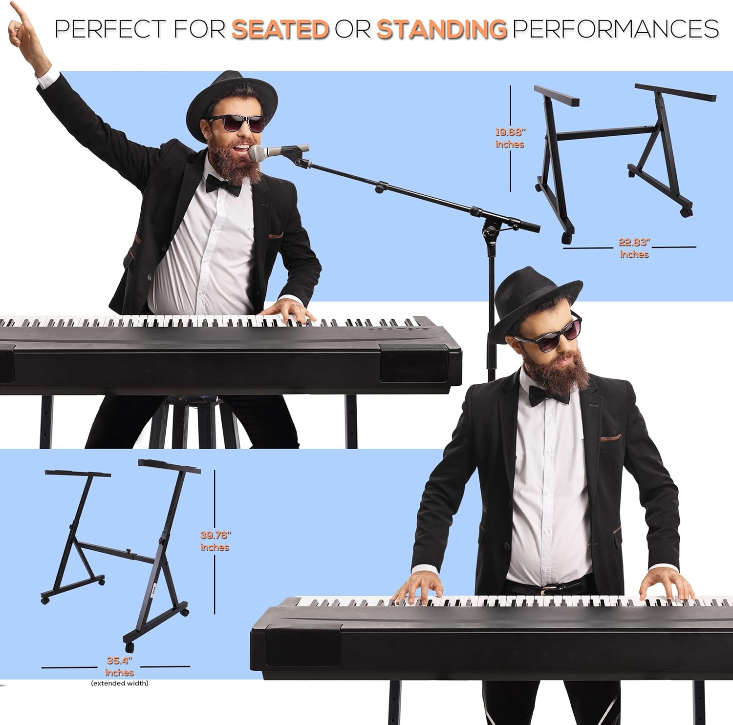 Pyle Port Universal Electronic Black Heavy-Duty Z Style Keyboard Organ Holder Rack Portable Piano Stand W/Adjustable Height and Width, Locking Wheels PKST48