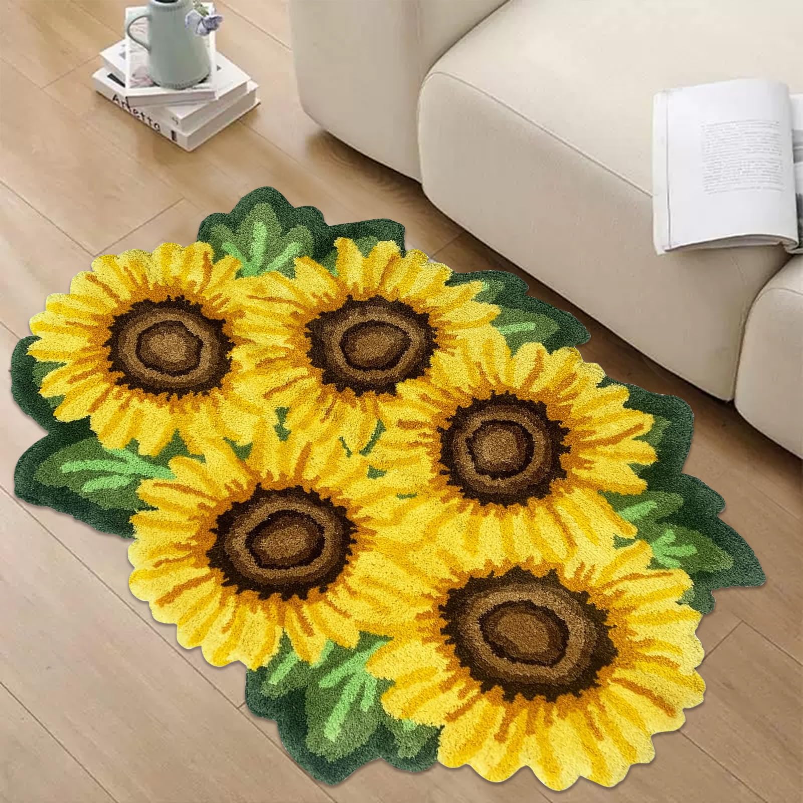 Lacomfy Sunflower Rugs, Large Fluffy Yellow Floral Mat Absorbent Farmhouse Carpet Non-Skid Handmade Rugs for Bedside Bathroom Shower Living Room, 33''