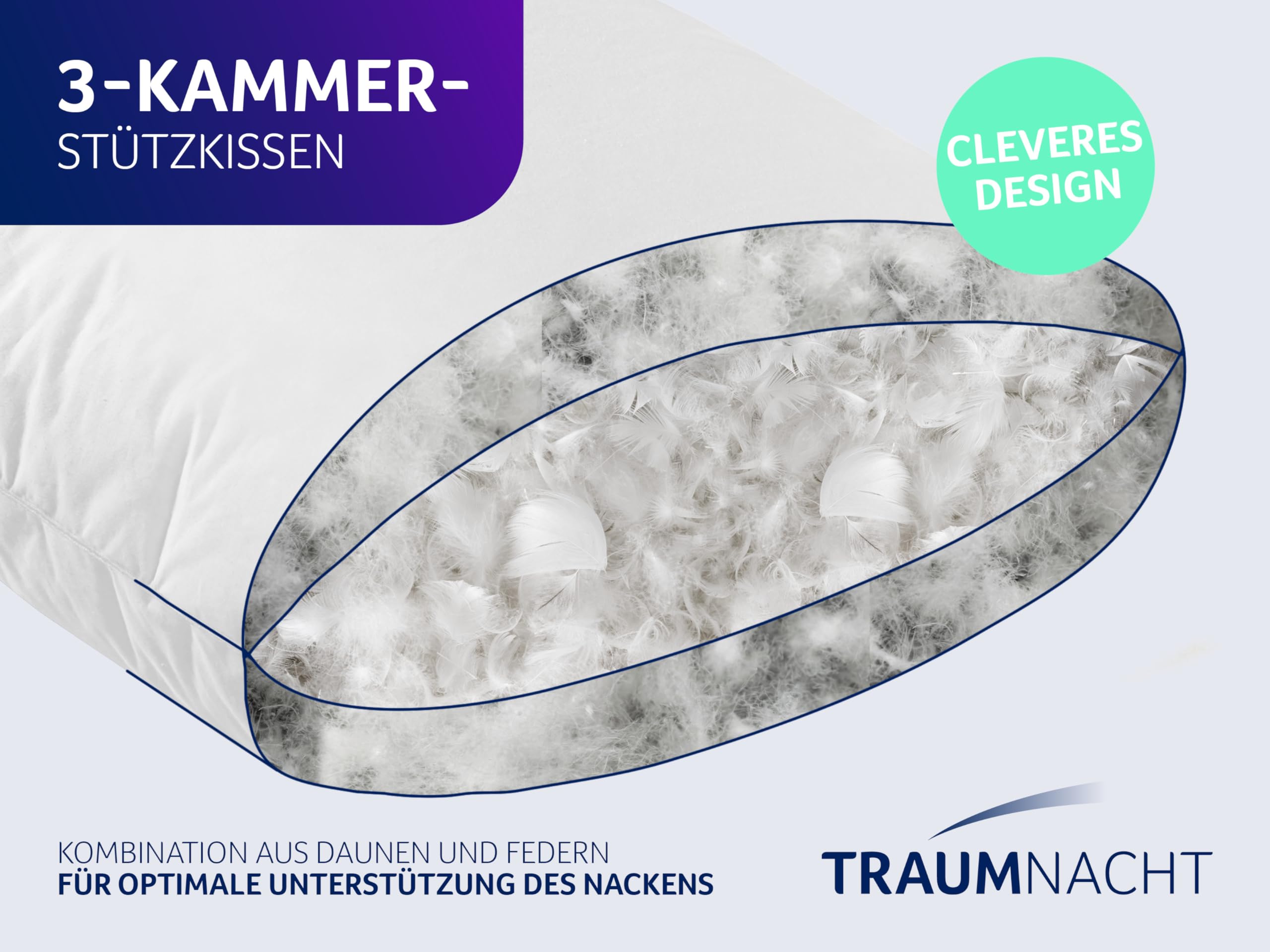 Traumnacht Feather-Flex 3-Kammerkissen, Kopfkissen mit 40% Federn- und 60% Daunenfüllung, 80x80cm, Öko-Tex Zertifiziert, produziert nach deutschem Qualitätsstandard