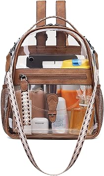 FADEON Clear Small Backpack Purse for Women, Designer Transparent Shoulder Handbag, PVC Mini Clear Bag for Stadium Approved