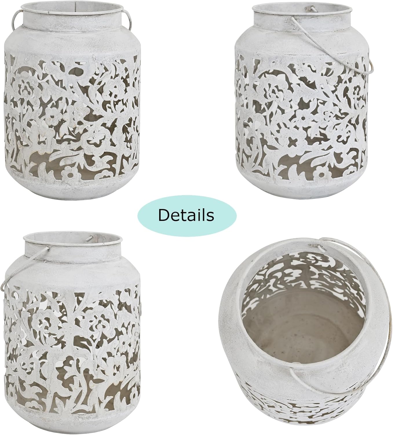 Vintage Metal Candle Lanterns with Handle Rustic Distressed White Decorative Candle Holder with Floral Cut-Out Design for Home, Garden, Patio, Porch, Parties, Weddings Decor (White)