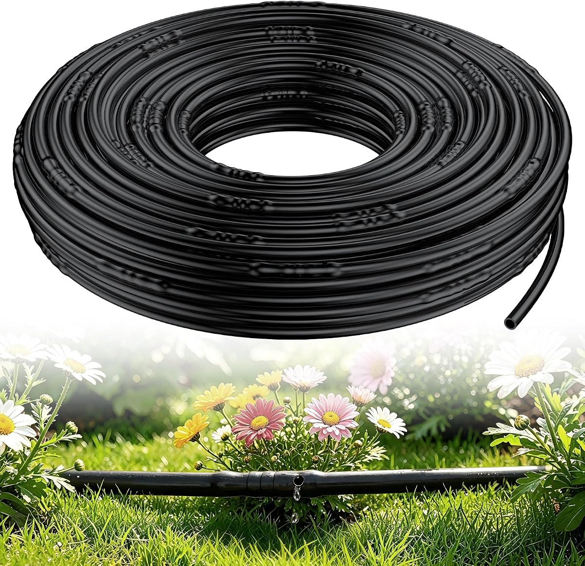 Pawfly 100 ft. 1/4" PE Irrigation Dripline Tubing, Black Polyethylene Distribution Line, Quick-Connect Compatible Drip Hose for Small Garden & Potted Plants