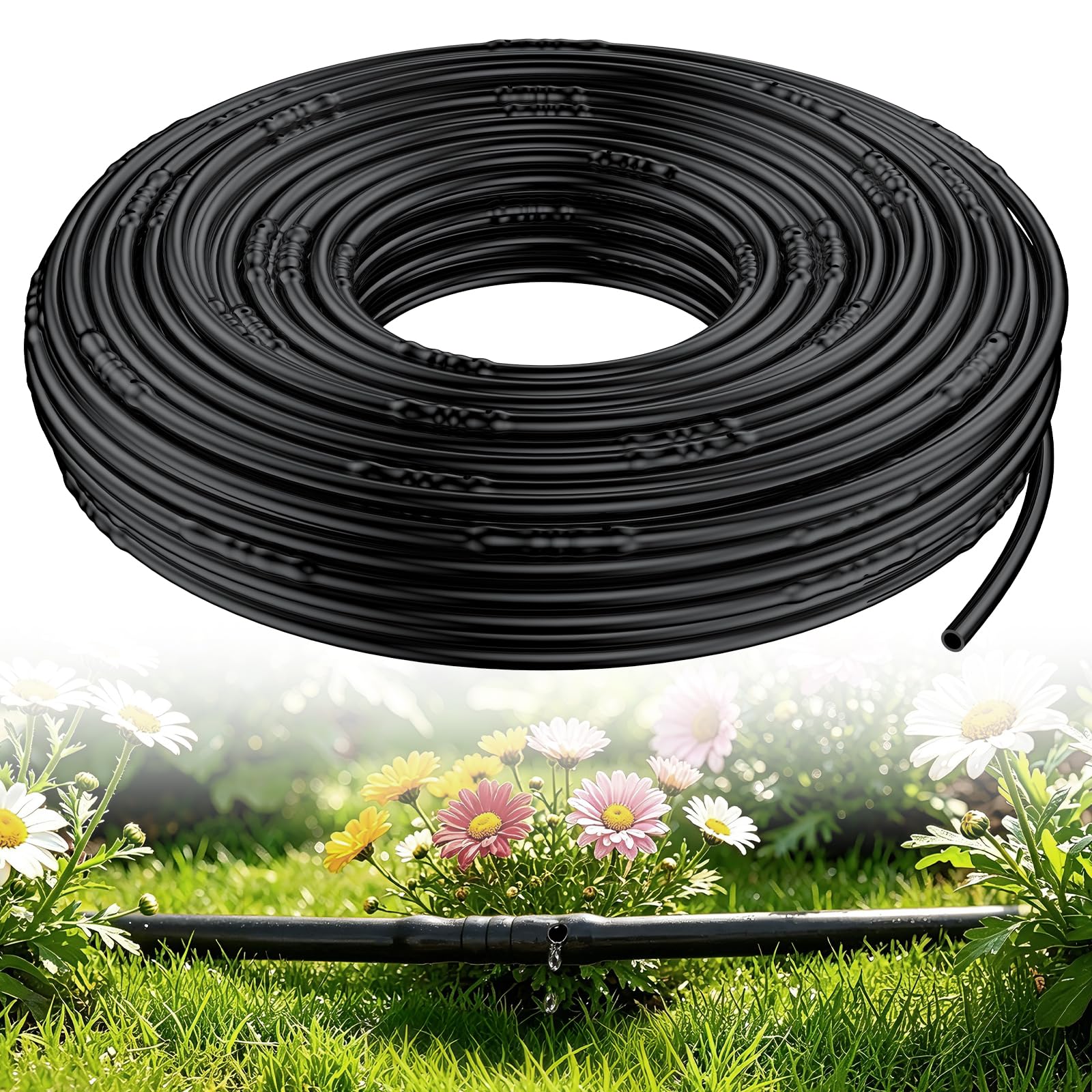 Pawfly 6.35 mm Irrigation Dripline Tubing (30.5 m Roll), Irrigation Dripline Tubing with 15 cm Emitter Spacing, Emitter Tubing Polyethylene Drip Line Black Distribution Tubing Drip Irrigation Hose