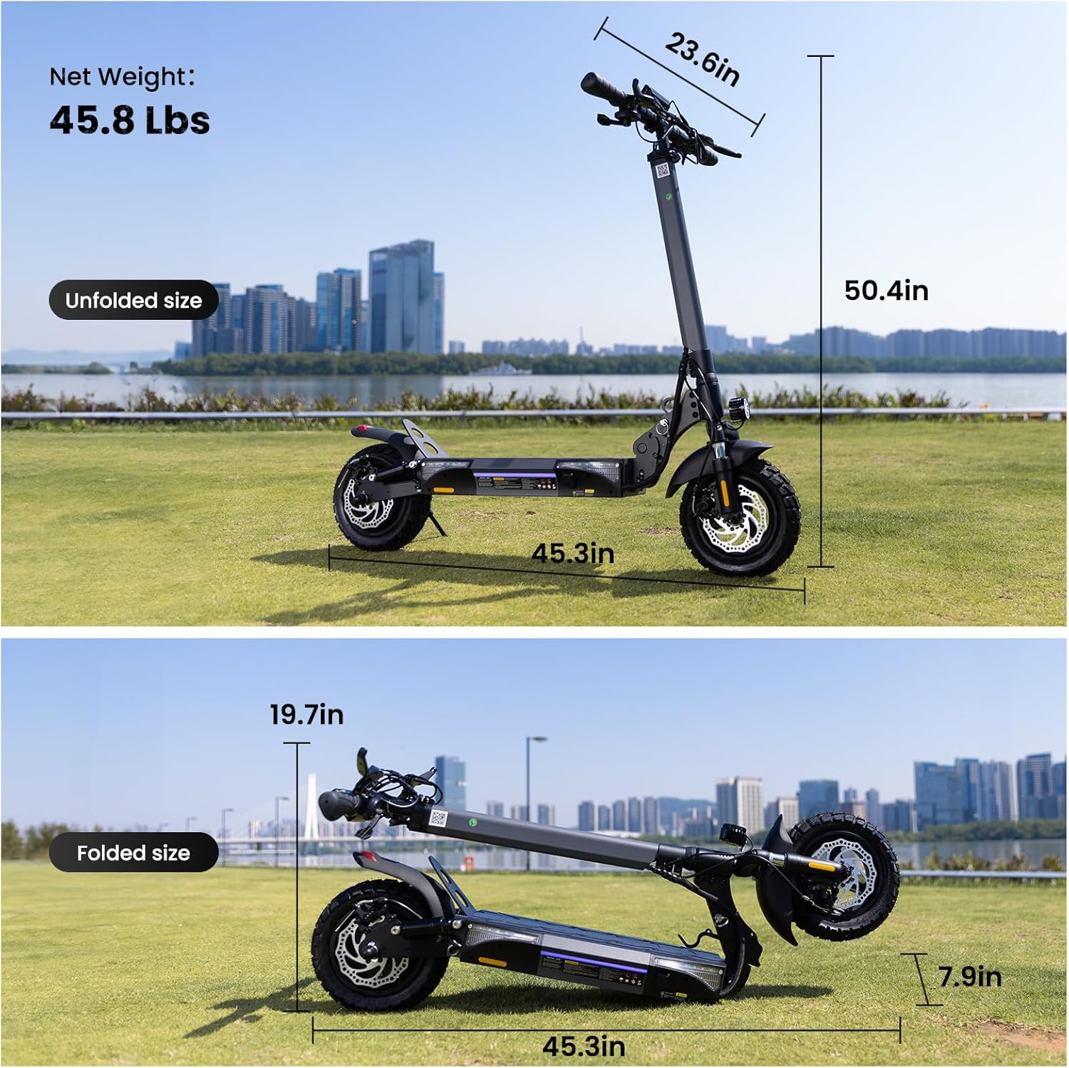 Unfolded and folded dimensions of the ZapRun electric scooter