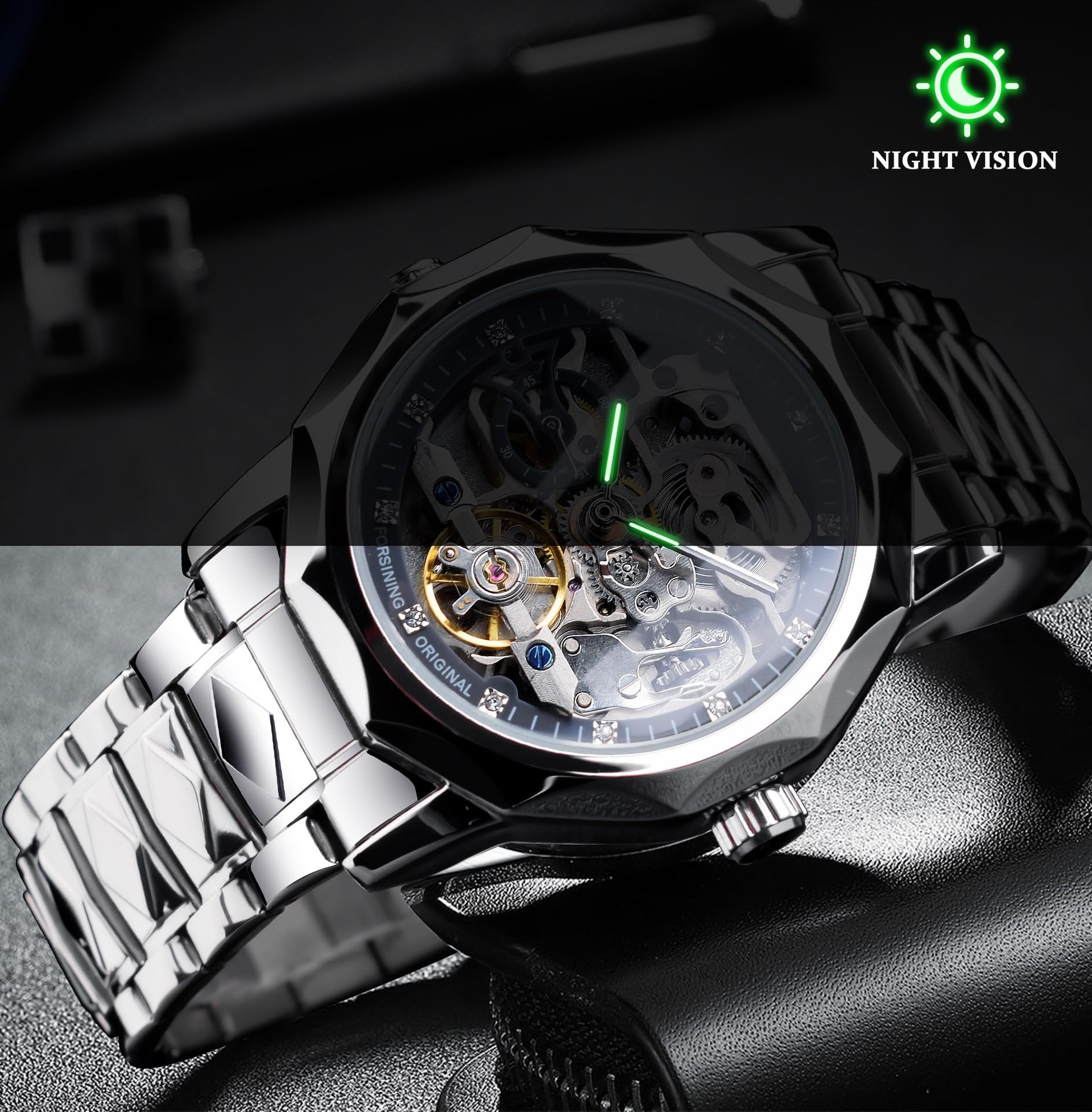 Reloj mecánico de lujo con esfera de esqueleto para hombre, reloj de pulsera Tourbillon automático con diseño de diamantes