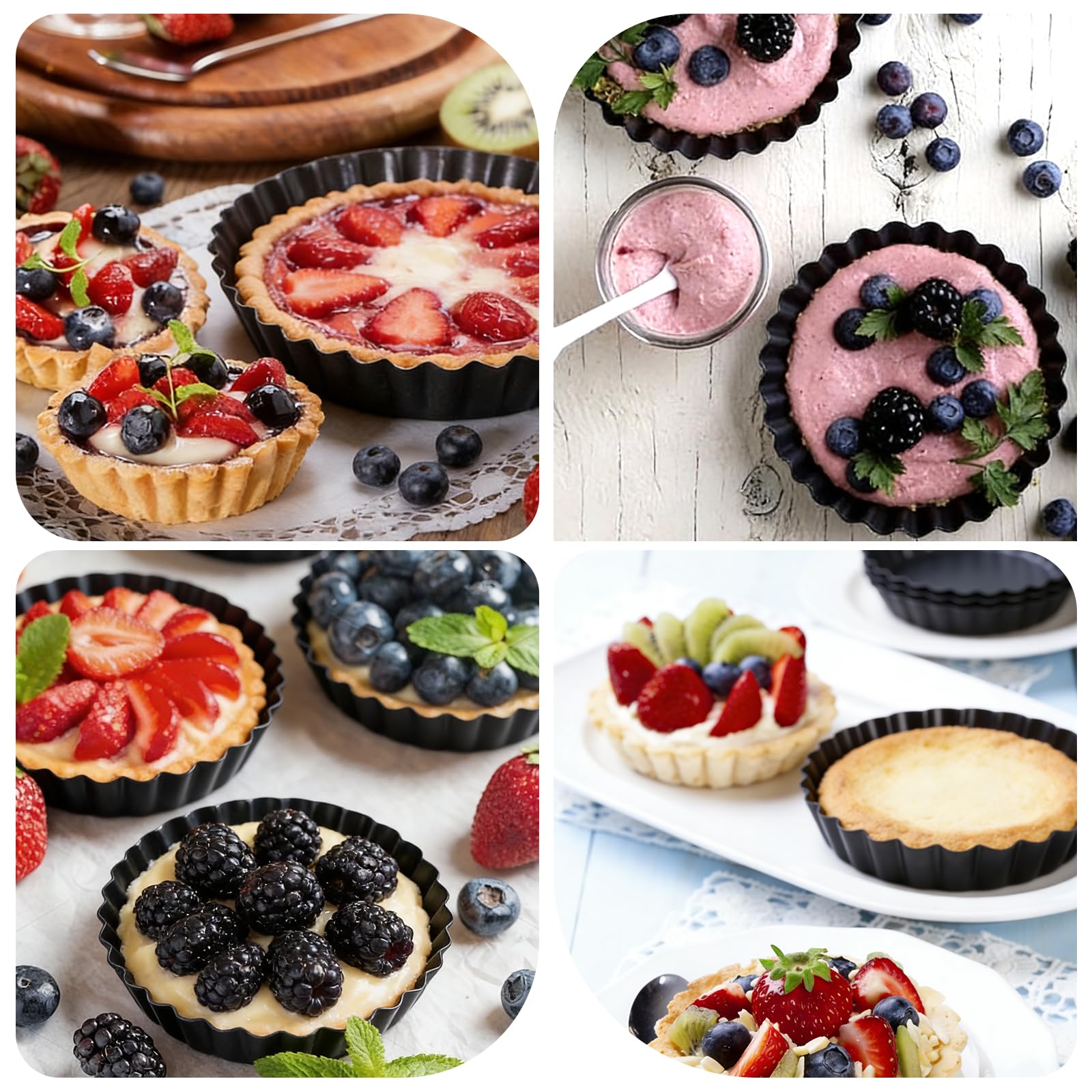 12 Pezzi 12 cm Stampo Crostata Con Fondo Removibile,Rivestimento Antiaderente Piccolo Teglia Crostata Fondo Removibile, Set Rotondo Stampo Per Crostata Per Torte, Muffin(4.7 Pollici-Nero)