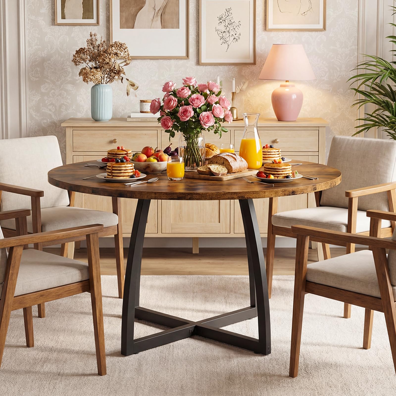 Photo 1 of **MISSING LEGS** CHOEZON 47.2-Inch Round Dining Table for 4, Kitchen Dining Room Circle Dinner Pedestal Table, Farmhouse Kitchen Table with Retro Brown Tabletop, Curved Black Metal Legs, Easy Assembly TCZ13BFC1