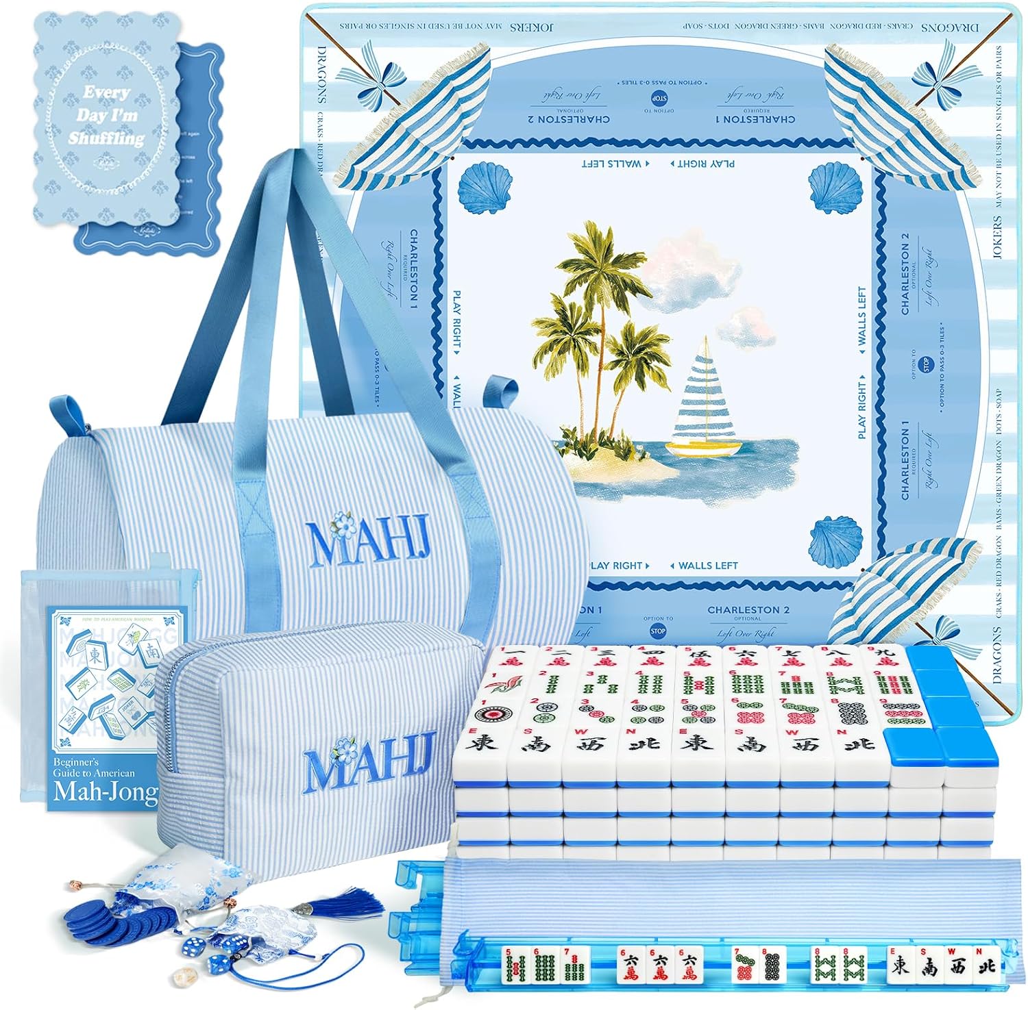 Complete American Mahjong Set with 166 Tiles, Quiet Mahjong Mat, 4 Racks with Pushers, Dice, Chips, Storage Bags & Instruction, Portable Mahjong Game for Travel, Family Game Night & Gifts(Coastal)