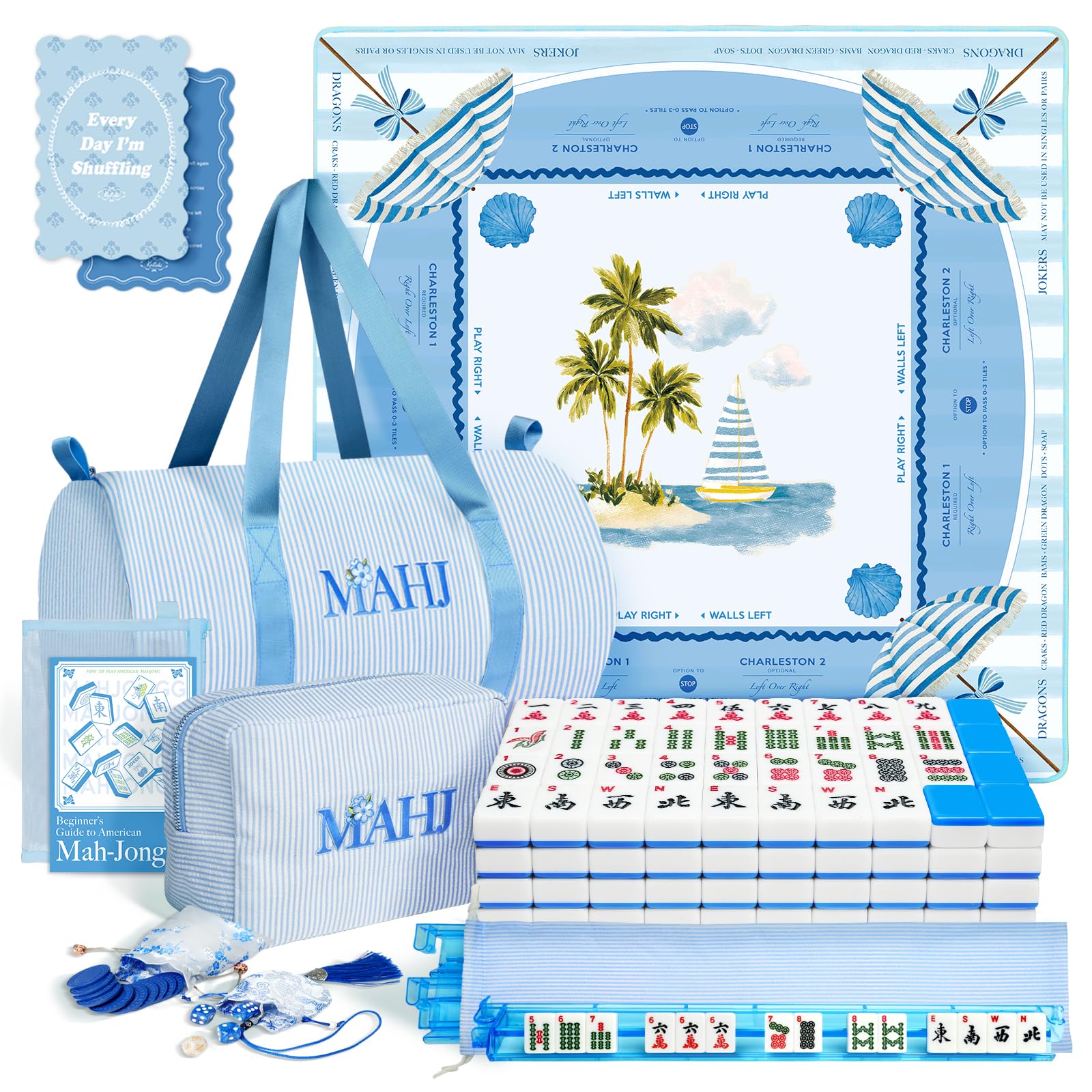 Komplettes amerikanisches Mahjong-Set mit 166 Fliesen, ruhige Mahjong-Matte, 4 Racks mit Drücken, Würfeln, Chips, Aufbewahrungstaschen und Anleitung, tragbares Mahjong-Spiel für Reisen