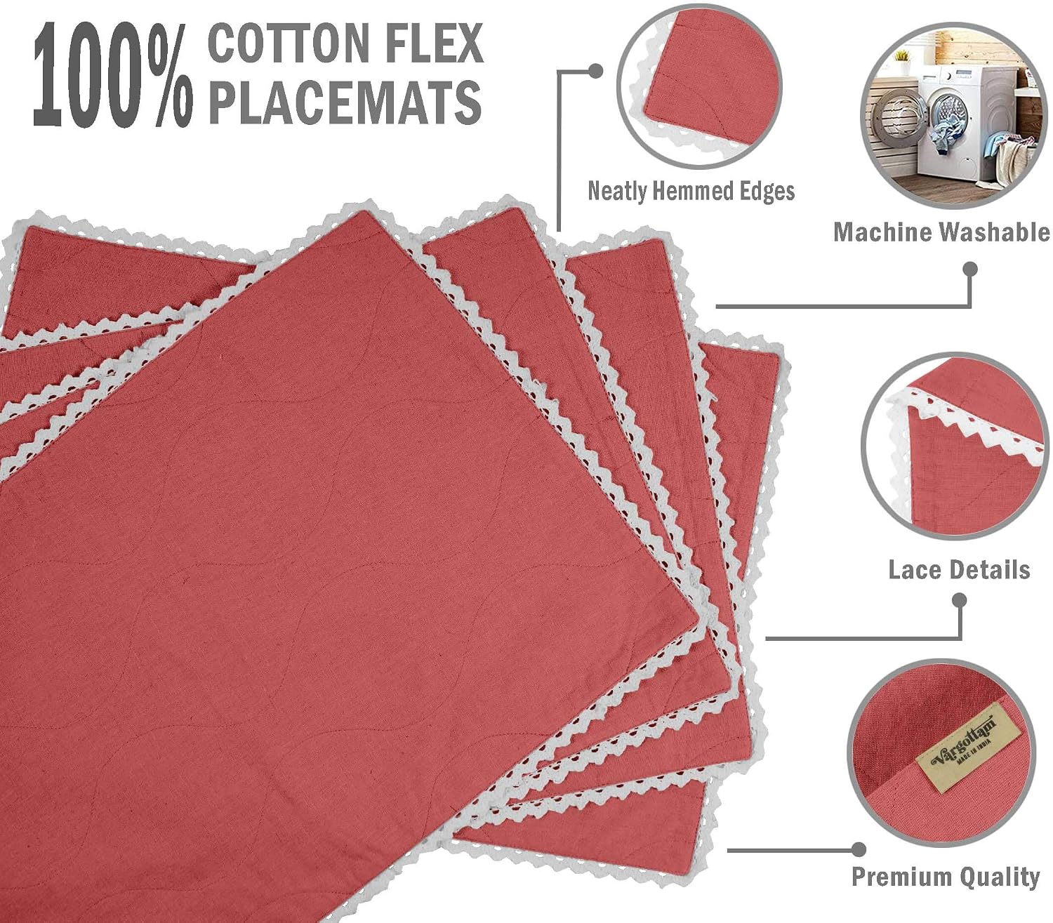Dark Peach Home Decor Washable Dining Table Mats Reversible Cotton Flex White Lace Placemat-Set of 4