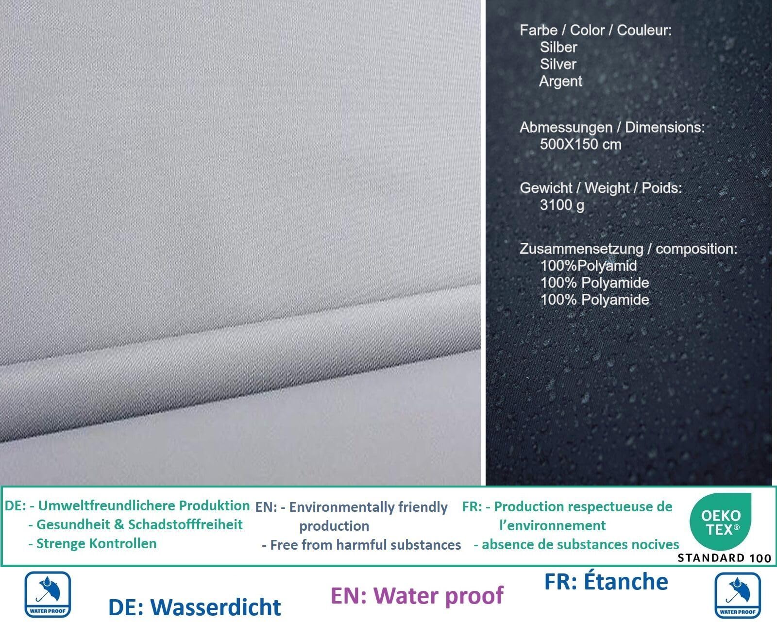 Fabrics-City Tejido de nailon plateado CORDURA 600D, tejido exterior extraestable, mochila de tejido Cordura para bolsos, coser, pegar, tejido de nailon duradero, aventura, 150 x 500 cm, 5068