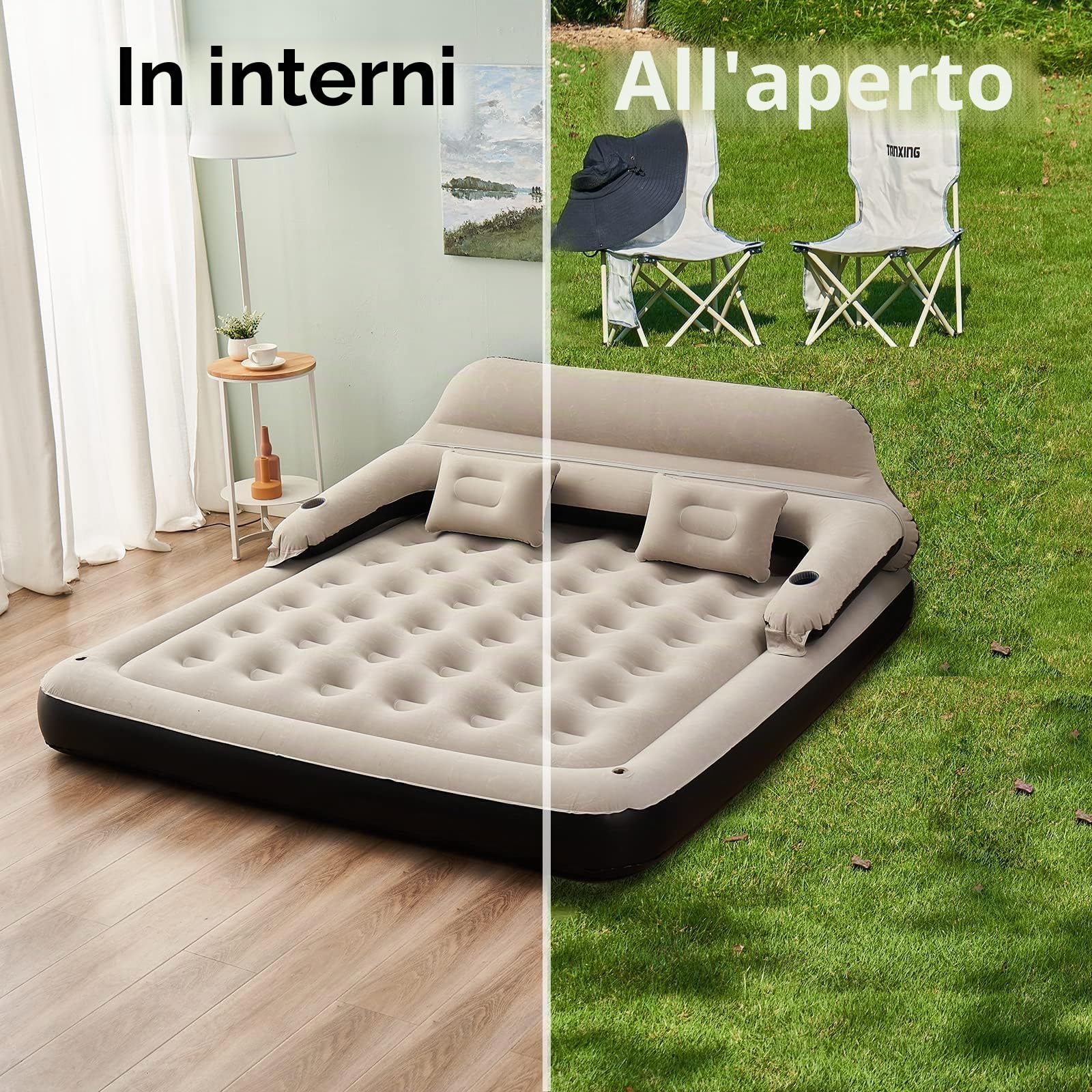 Materasso ad aria queen size con testiera e cuscino, divano letto gonfiabile per pernottamenti