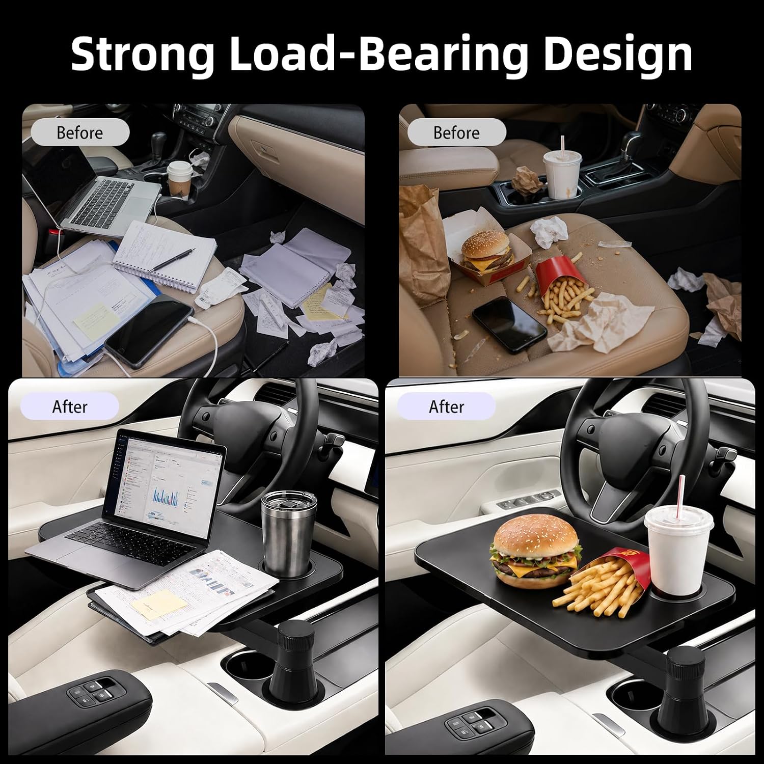 360° Rotating Car Desk Tray for Laptop and Food, Premium Leather Car Table with Built-in Cup Slot, Adjustable Vehicle Desk for Eating, Working, Road Trips, Fits Tesla Model Y/3/S&Most Cars(BLACK)