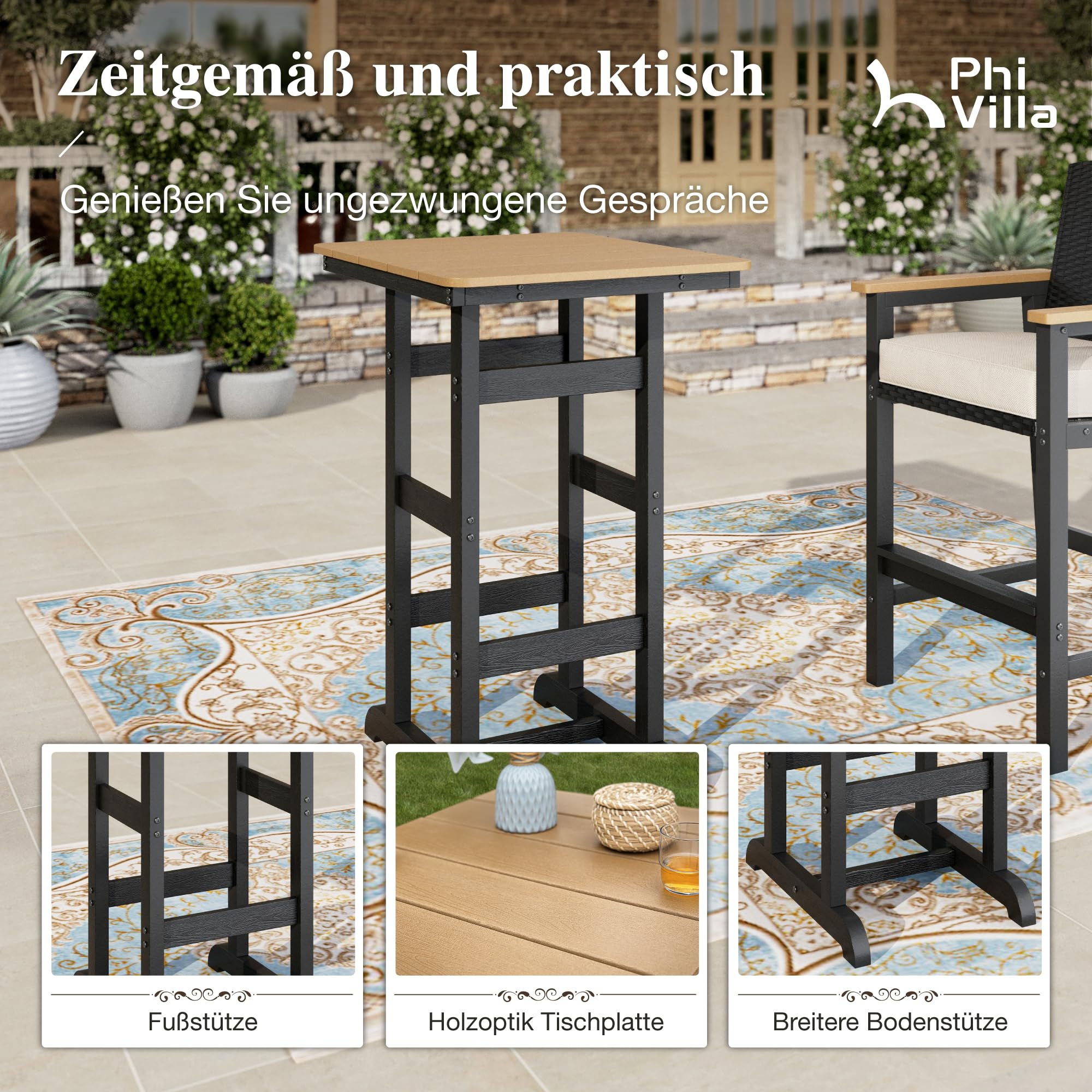 PHI VILLA 3-teiliges Bartisch mit Barhocker Set, Outdoor Barmöbel Garten Bartisch Set mit Rattan Hocker und Tischplatte in Holzmaserung, Bar Tisch mit 2 Stühlen für Terrasse