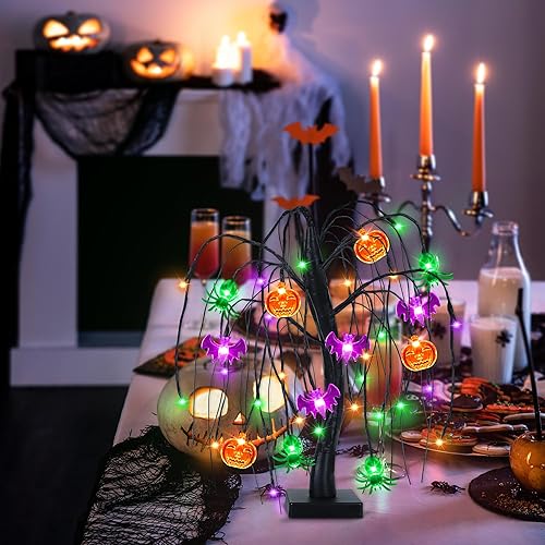 Miniatura 5 de Halloween Table Decor 18 Inch 36 LED Halloween Willow Tree with Pumpkin Bat Spider Lights, Timer/USB/Battery Operated Black Halloween Tree Spooky