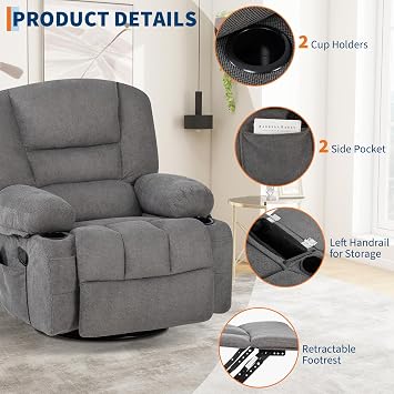 Massage Recliner Chair for Living Room, Chenille Rocker Recliner Chair for Adults with Vibration Massage and Heat, Adjustable Home Theater Seating for Living Room, Bedroom, 360 Swivel, Grey