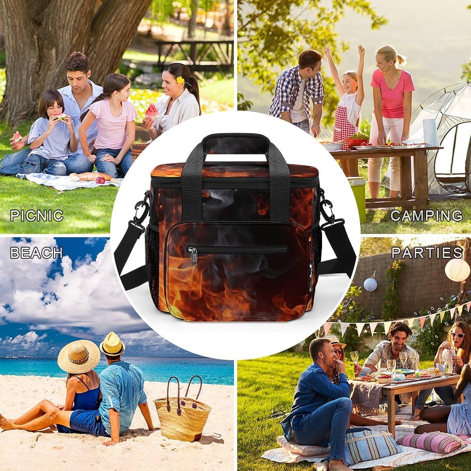 Fire Flame Smoke Cooler Bag Portable Insulated Lunch Bags Leakproof Ice Chest Large Capacity Soft Cooler Tote for Picnic Camping Work Travel Keep Food Drinks Fresh 22.5L