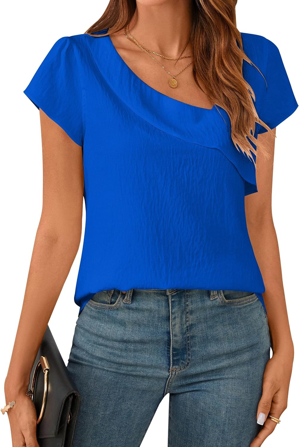 BMJL Womens Dressy Casual Blouses Asymmetrical V Neck Business Work Tops Ruffle Sleeve Summer Shirts