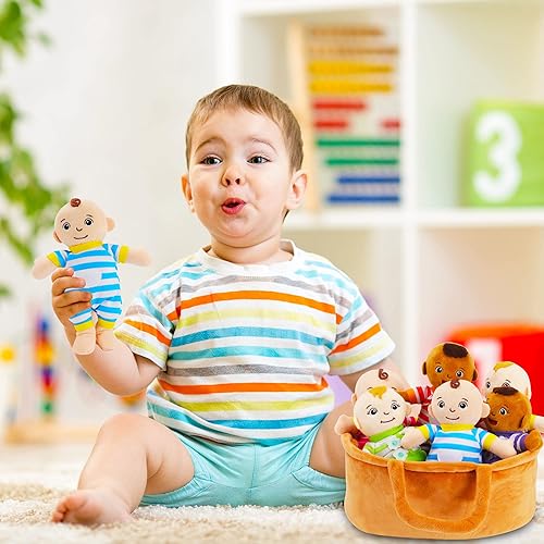 Miniatura 5 de Cesta de muñecas de felpa para bebés, muñecas de peluche de 8 pulgadas, juego de 6 piezas intercambiables para ropa intercambiable, figuras de felpa