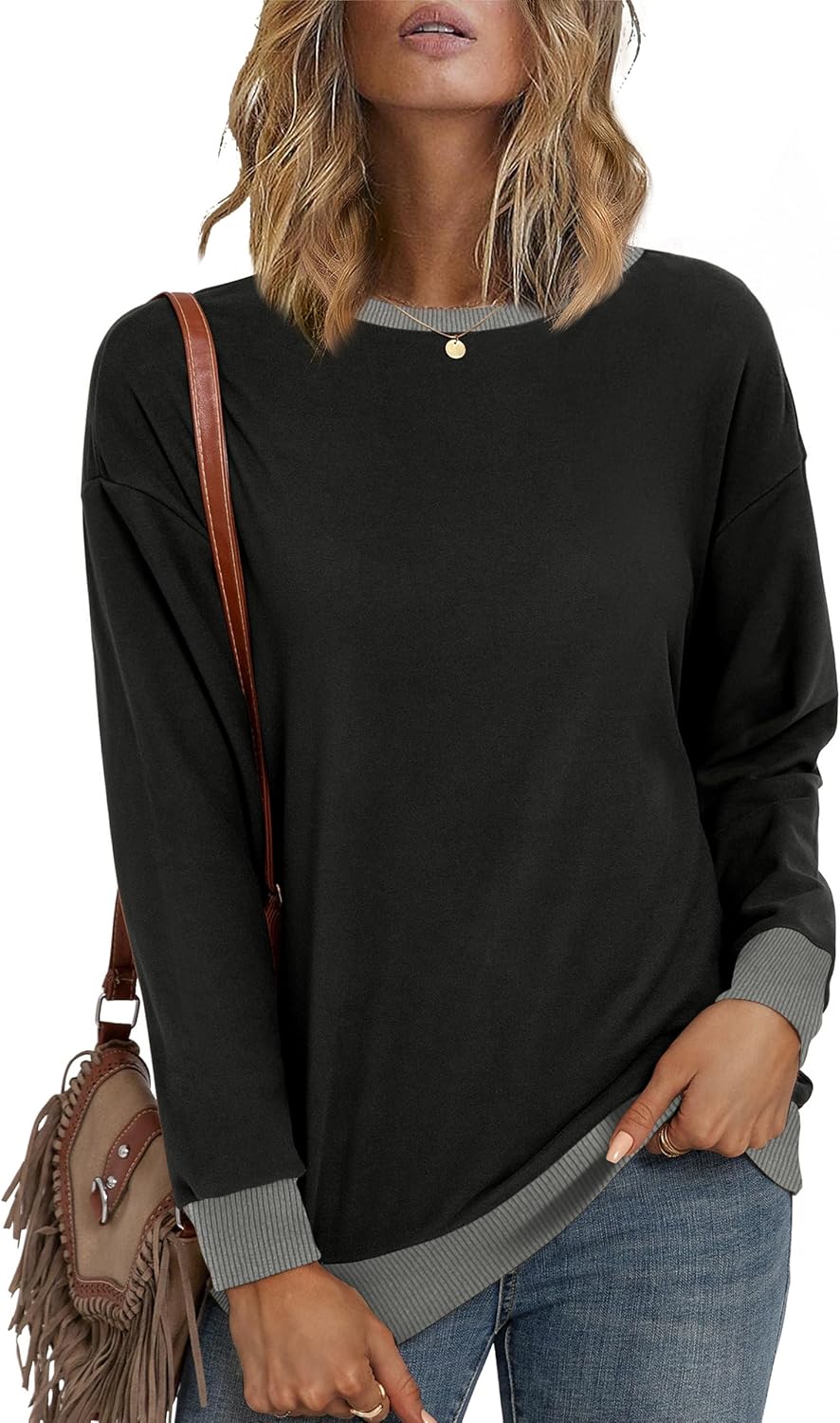 Desol Women Fall Sweatshirt Crewneck Long Sleeve Pullover Tops 2024 Casual Loose Color Block Ribbed Trim Outfits