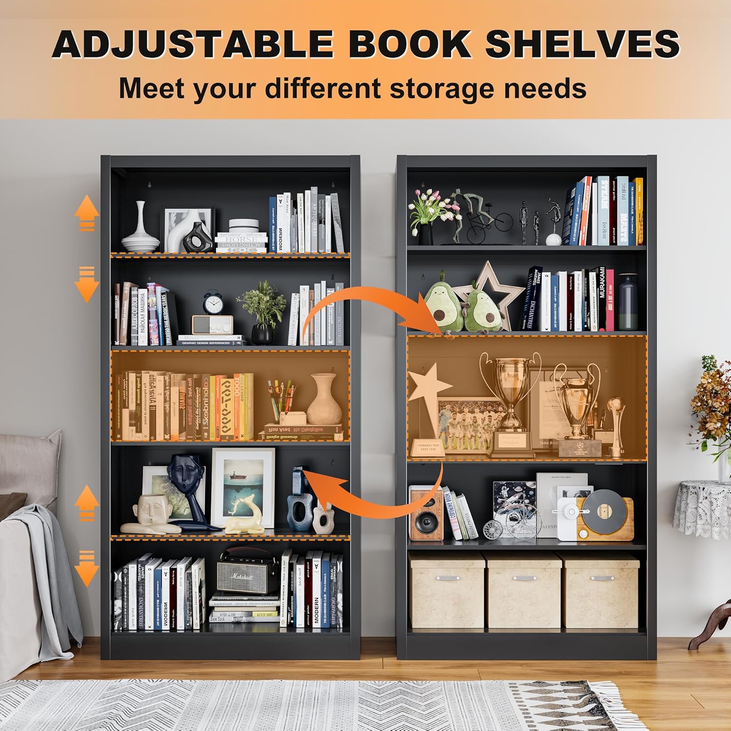 VASAAOSD Black Bookshelf, 55” Adjustable Tall Metal Bookshelf, 5-Tier Toy Storage Organizer with Anti-Tilt Device, Modern Book Cases and Book Shelves for Bedroom, Playroom, Classroom, Study