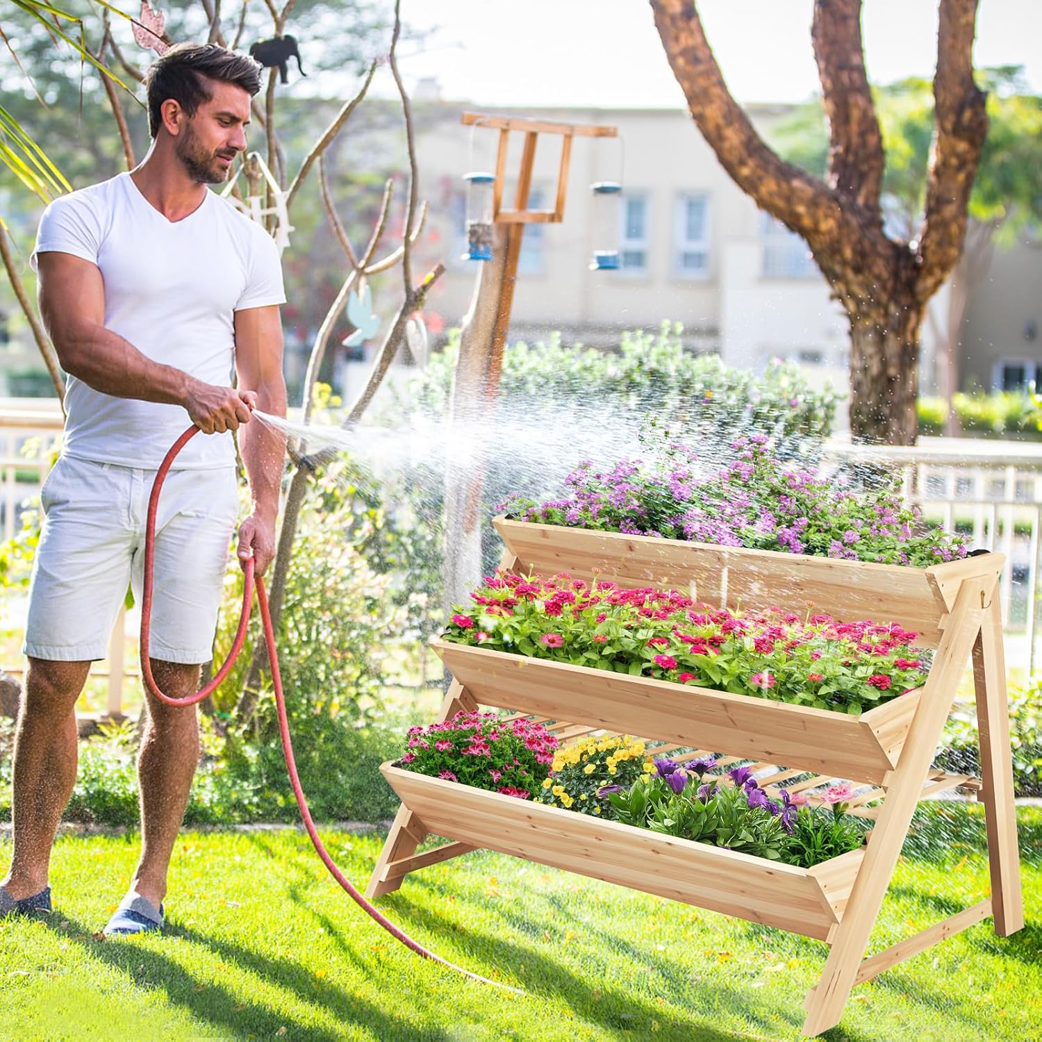 3-Tiers Raised Garden Bed, Wooden Garden Planter with 3 Planter Box & Storage Shelf, 2 Convenient Side Hooks, Outdoor Elevated Plant Box Stand with Leg for Flowers, Vegetables