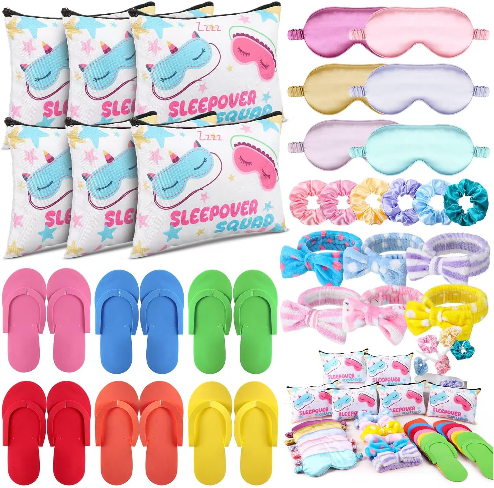30 Pcs Sleepover Party Supplies, Spa Party Supplies Favors with 6 Spa Headband 6 Satin Eye Mask 6 Satin Hair Scrunchies 6 Makeup Bag 6 Slippers, Sleep Over Essentials Birthday Supplies