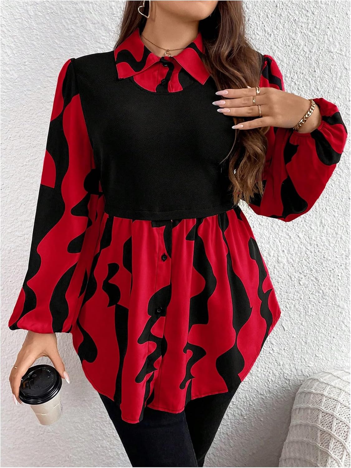 Floerns Women's Plus Size Printed Bishop Long Sleeve Shirt Collared Asymmetrical Hem Button Down Blouses - Image 5