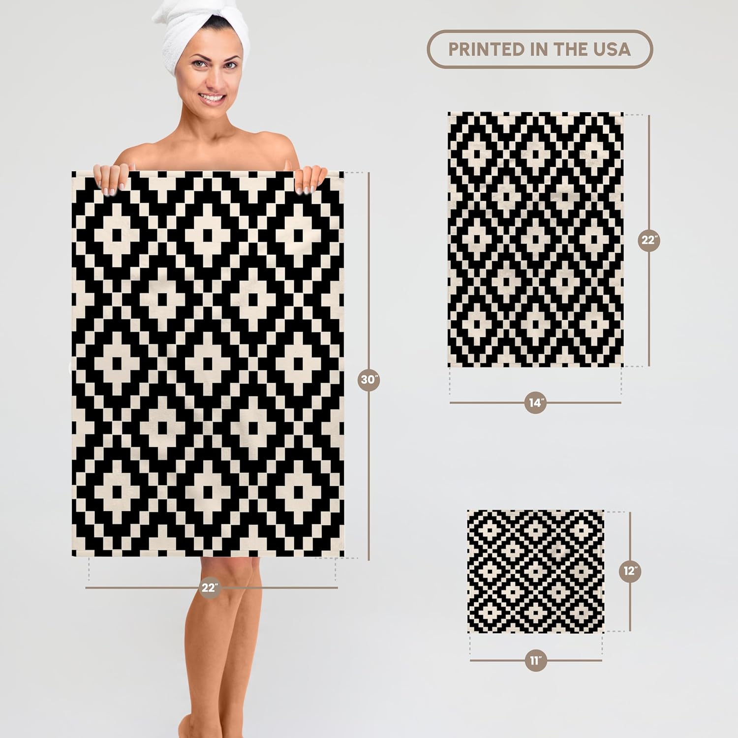 3dRose 15x22 Hand Towel, Aztec block pattern in black and cream color