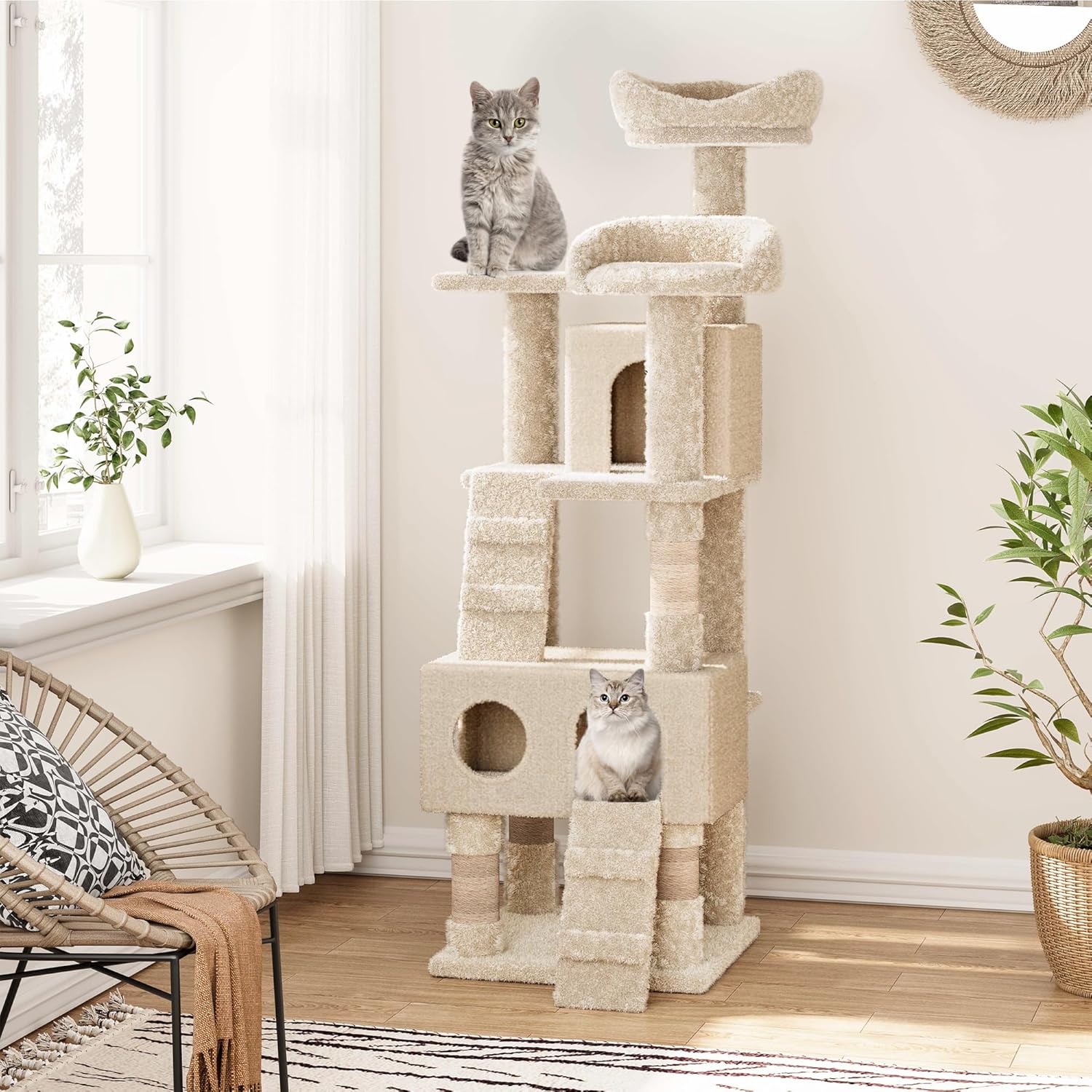 review Cat Tree, 63-Inch Cat Tower for Indoor CatsCat Tree for Indoor Cats,Multi-Level Cat Tower with Top Perch,Plush Multi-Level Cat Condo with 4 Scratching Posts,2 Perches, 2 Caves,Beige