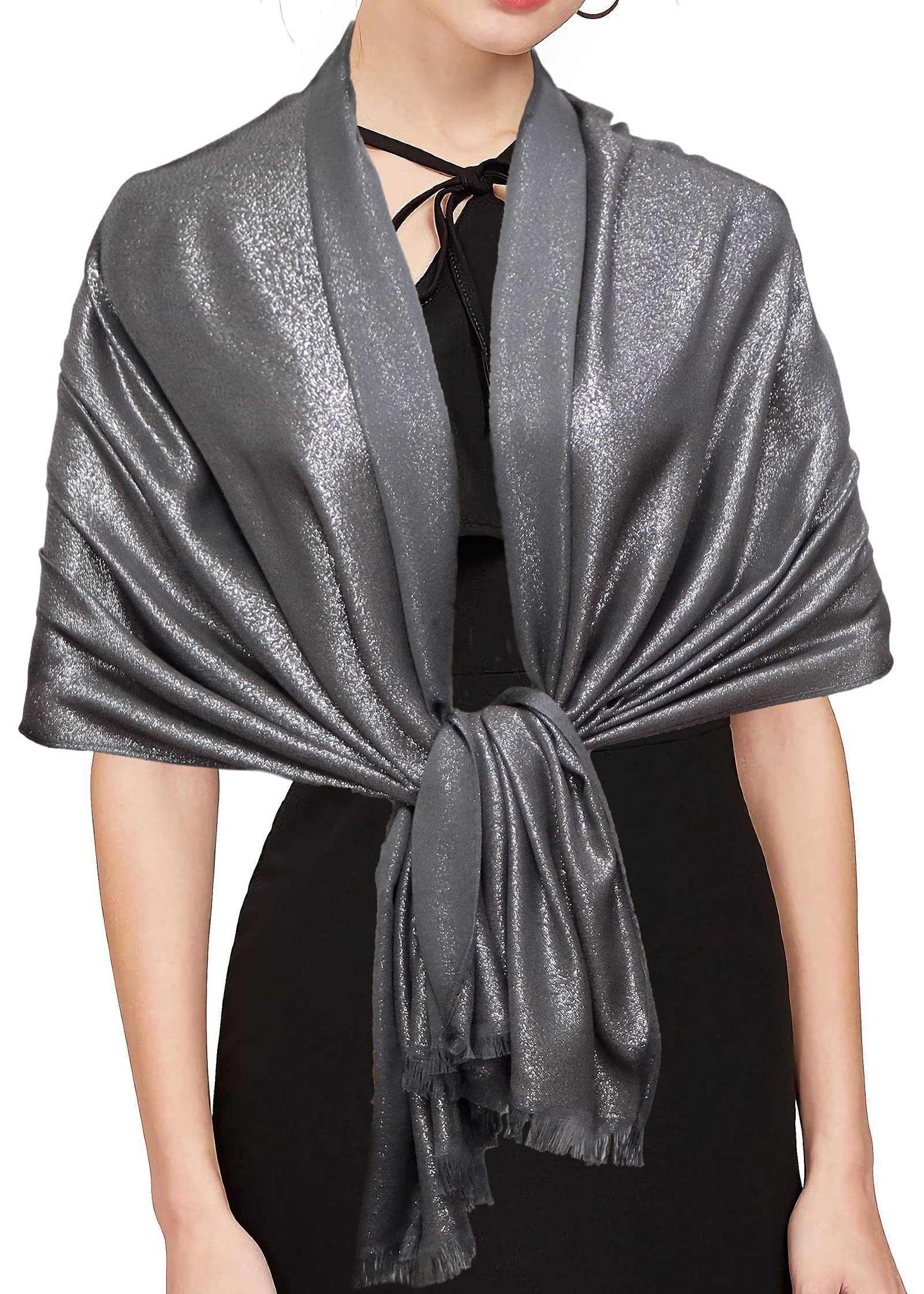 GragengsWomen's Sparkling Metallic Pashmina Shawls and Wraps Long Party Scarf Solid Color Two Tone