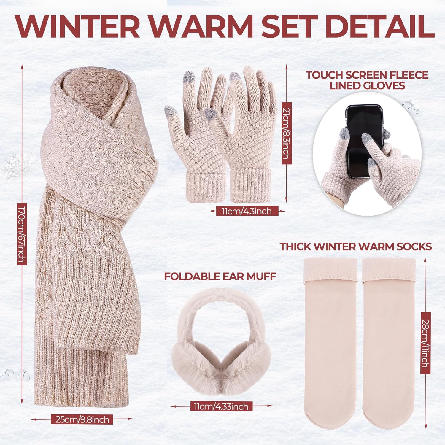 Geyoga 6 Pcs Winter Warm Set for Women Warm Beanies Hats Touchscreen Gloves Long Scarf Ear Muffs Socks Winter Gifts for Women - Image 2