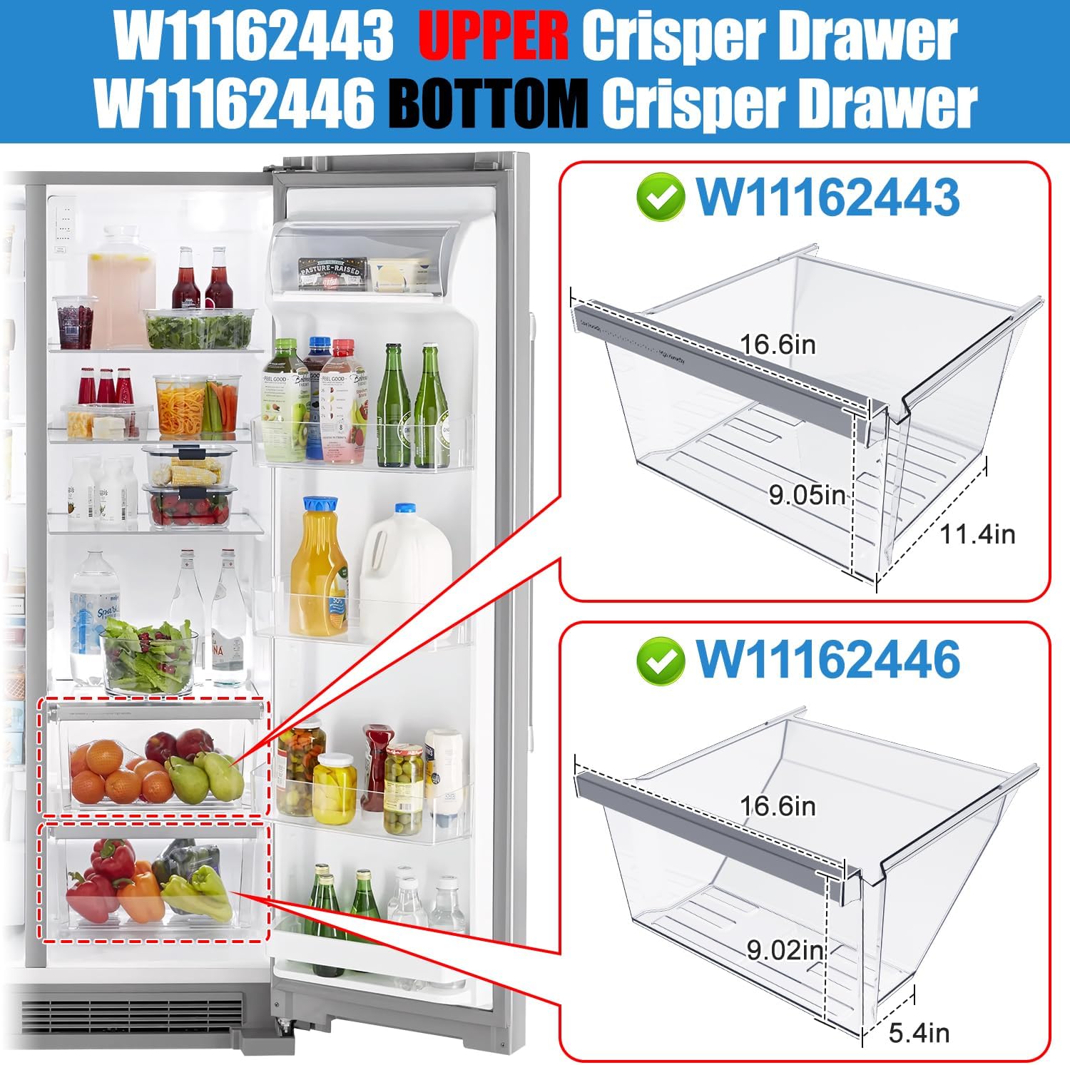 W11162443 W11162446 Refrigerator Crisper Drawer For Whirlpool Fridge Drawer