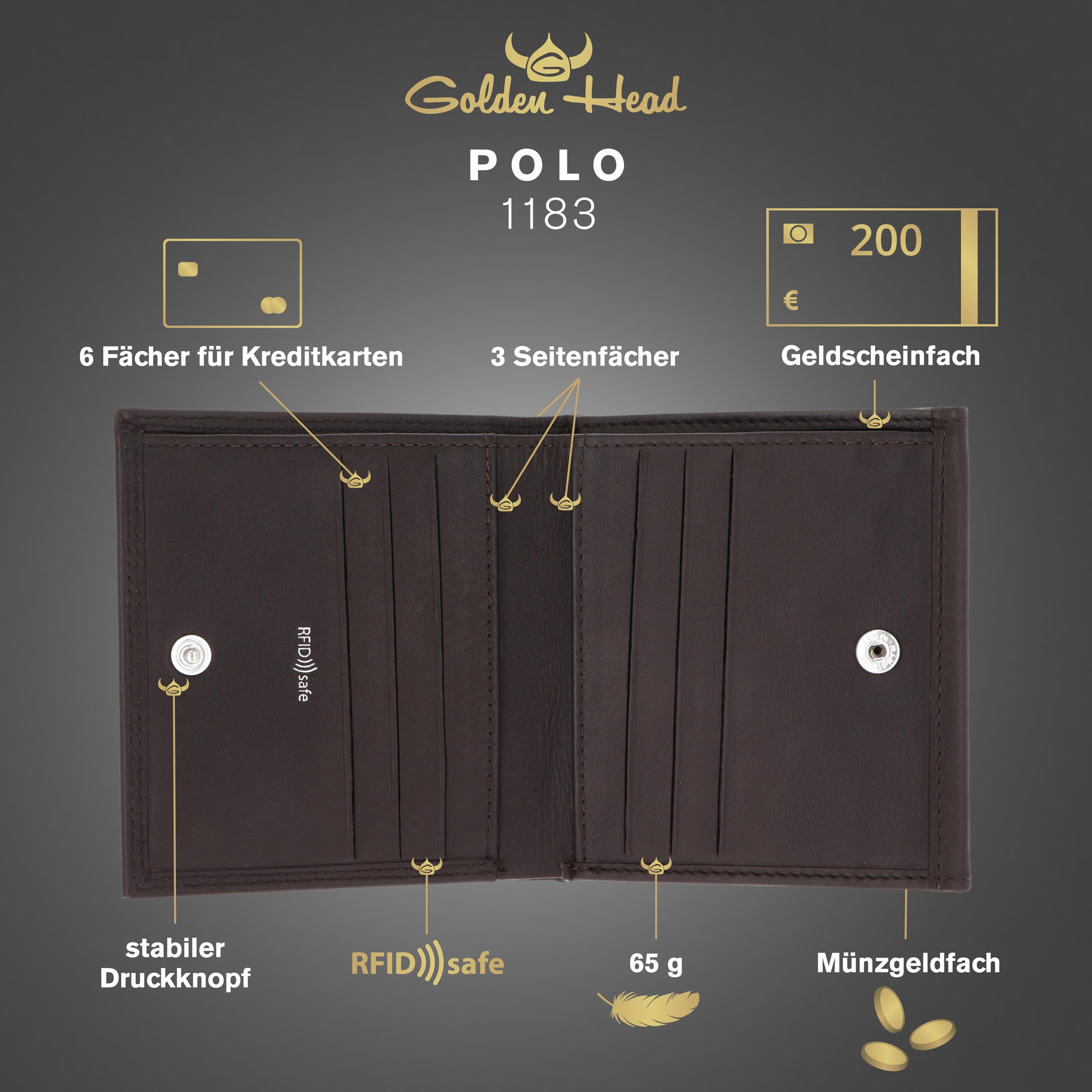 Golden Head Leder Geldbörse Polo RFID Protect Wiener Schachtel 1183 Dunkelbraun